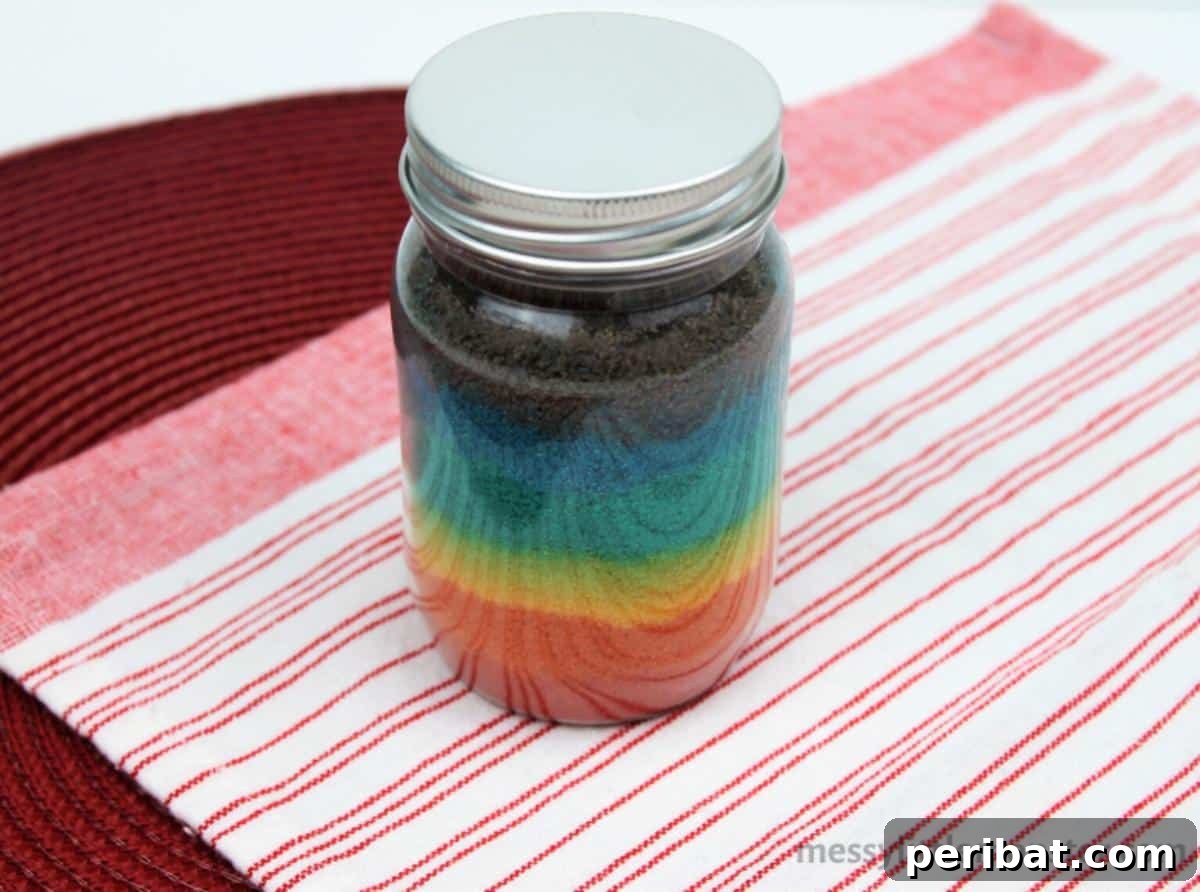 Crafting Colorful Salt Jars 25 Project Ideas 8 A vibrant display of rainbow-colored salt, created using food coloring, arranged in clear containers. This craft is an ideal sensory play material for children, encouraging creativity and color exploration.