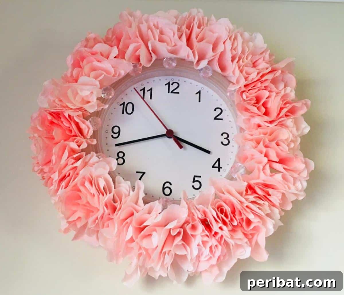 Charming Pink Floral Wall Clock with Coffee Filter Flowers