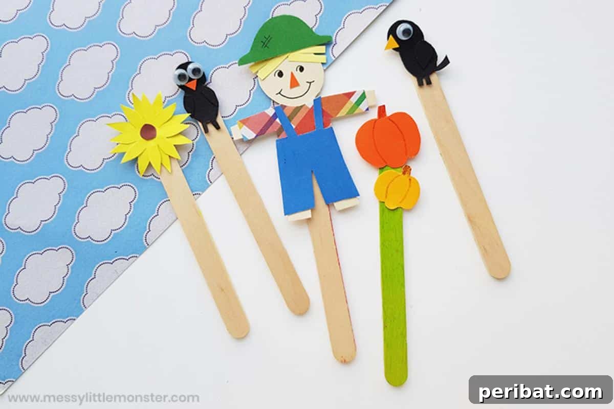 Popsicle Stick Puppets, such as scarecrows, for storytelling.