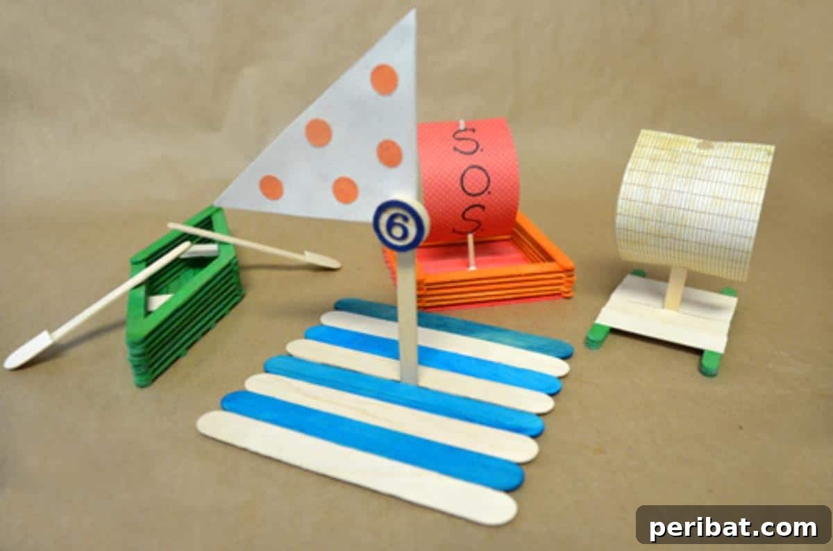 3 Designs Of Popsicle Boat Craft for varying skill levels.
