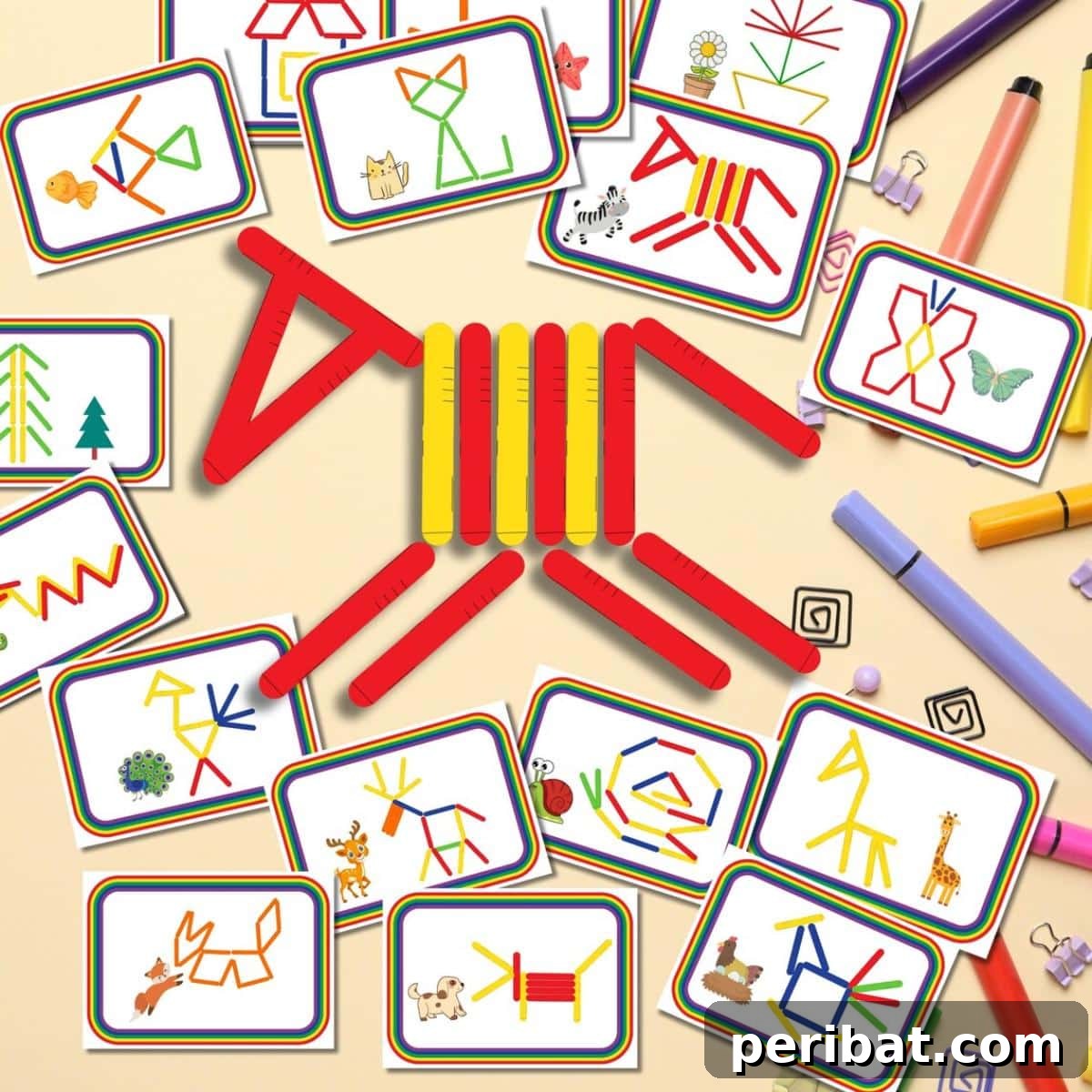 Popsicle Stick Craft Animals and Objects with colorful sticks.
