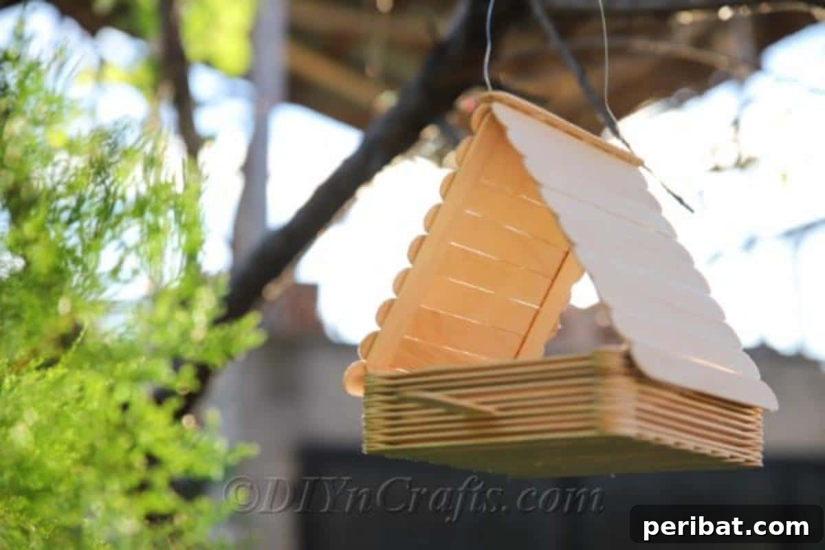 DIY Bird Feeder made from craft sticks to attract birds.
