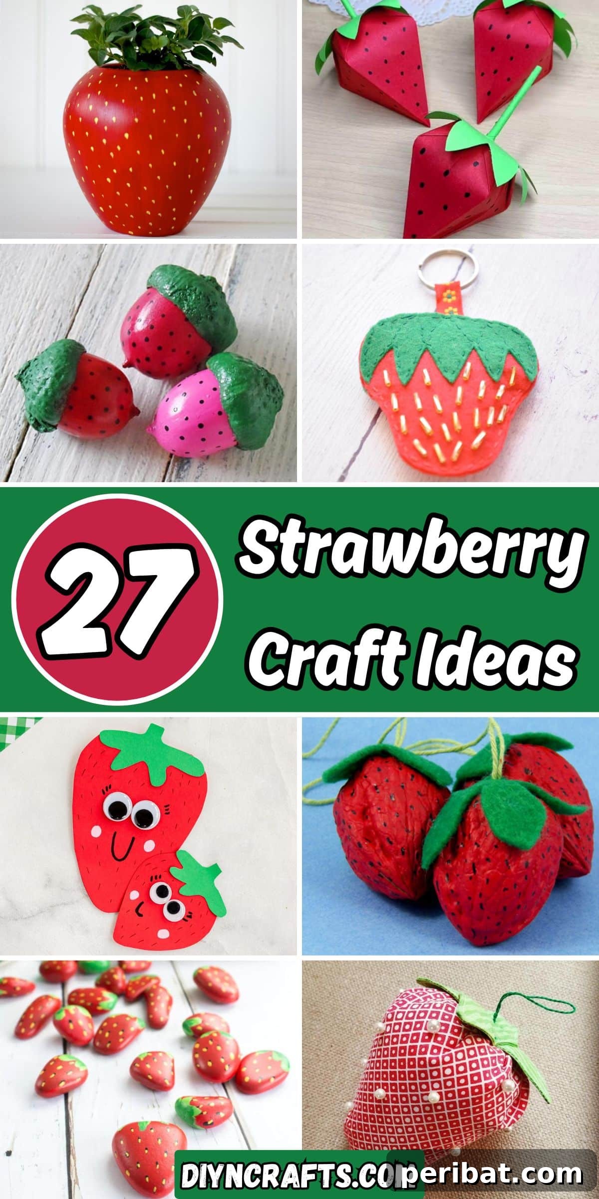 27 Sweet & Creative Strawberry Crafts 2 A collage of 27 unique strawberry craft ideas, showcasing various creative projects like painted jars, keyrings, felt fruits, and paper crafts, all inspired by the vibrant summer fruit.