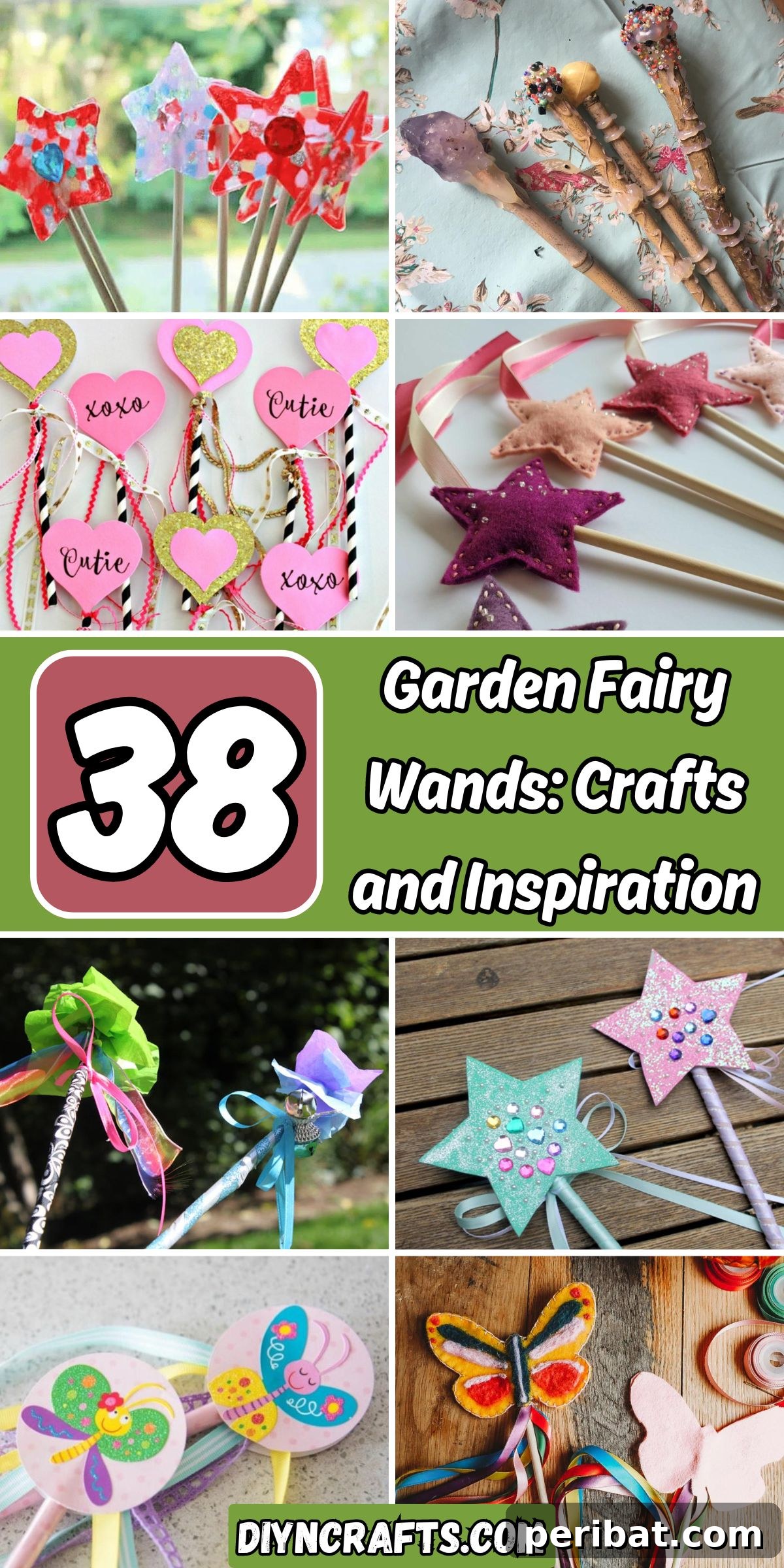 A vibrant collage showcasing 38 diverse Garden Fairy Wands, featuring various materials and designs for creative inspiration.