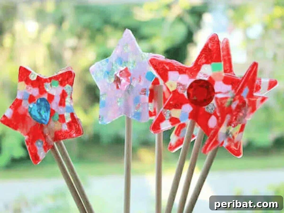 DIY Fairy Wands adorned with colorful melted beads, creating a stained-glass effect.