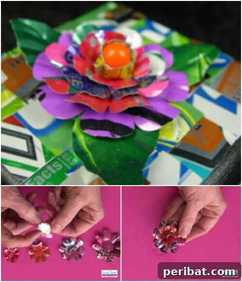 Beyond the Bin Brilliant Soda Can Projects 12 Beautiful tin flowers made from soda cans, used as elegant gift box toppers
