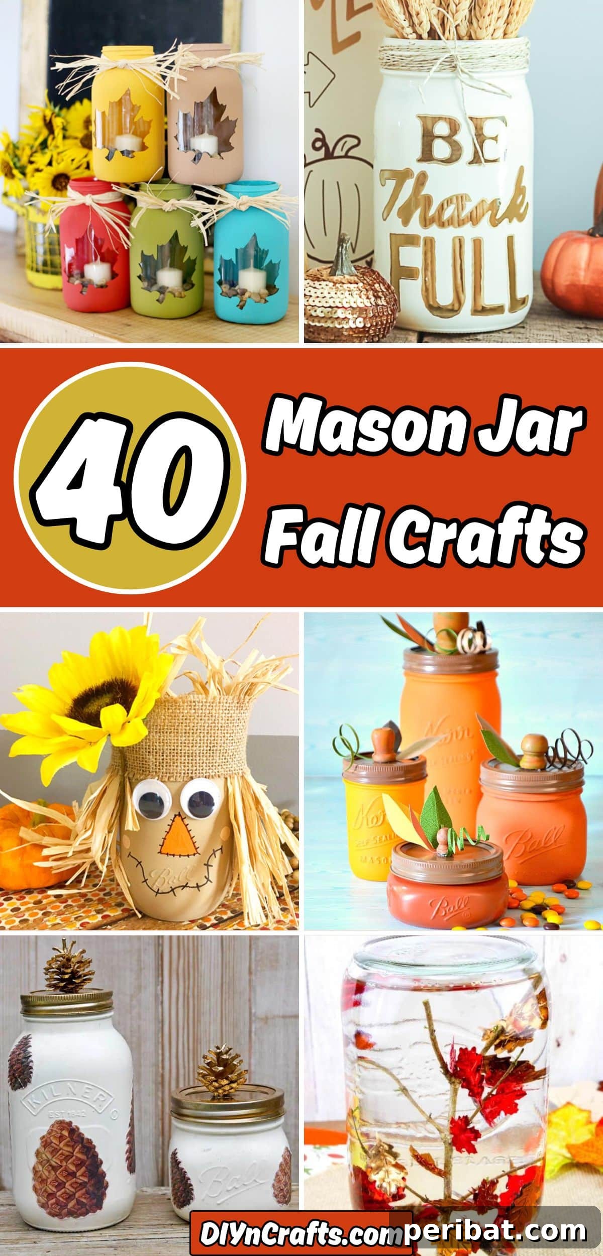 A beautiful collage showcasing various mason jar fall crafts, including painted jars, luminaries, and decorative arrangements.