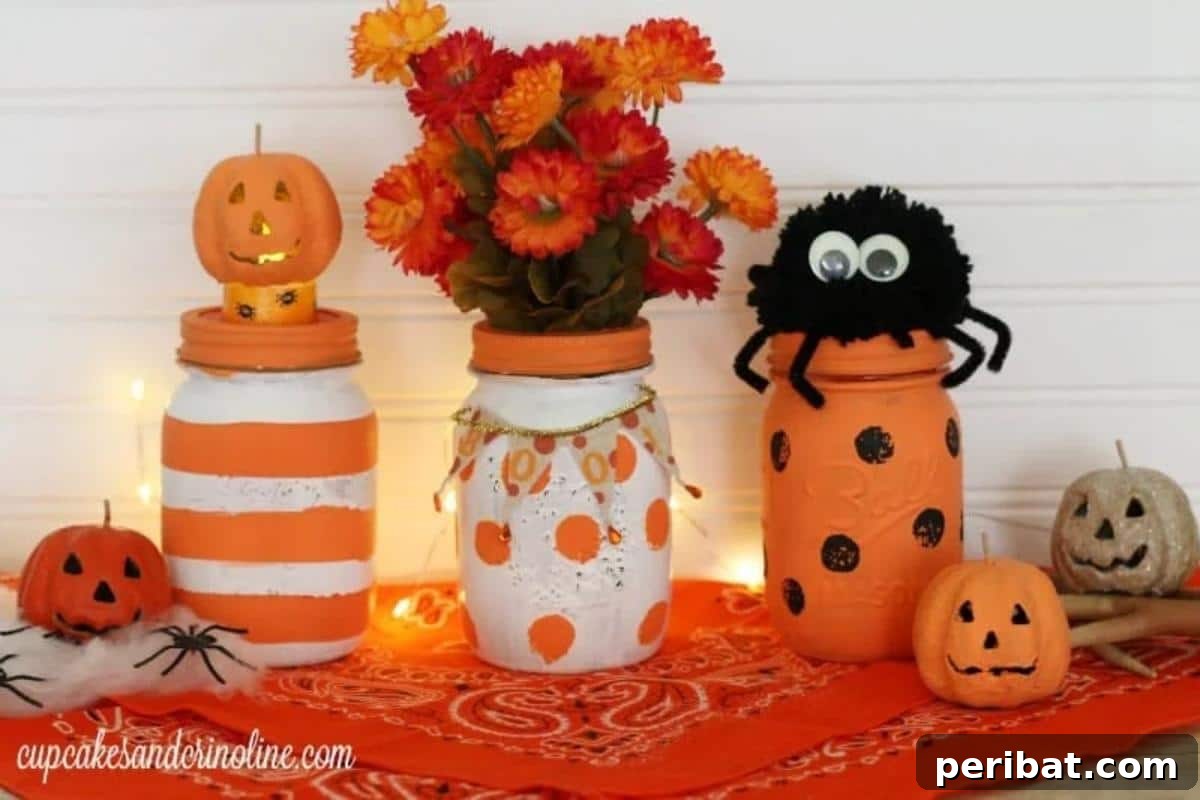 Playful polka dot and striped Halloween mason jars in classic festive colors.