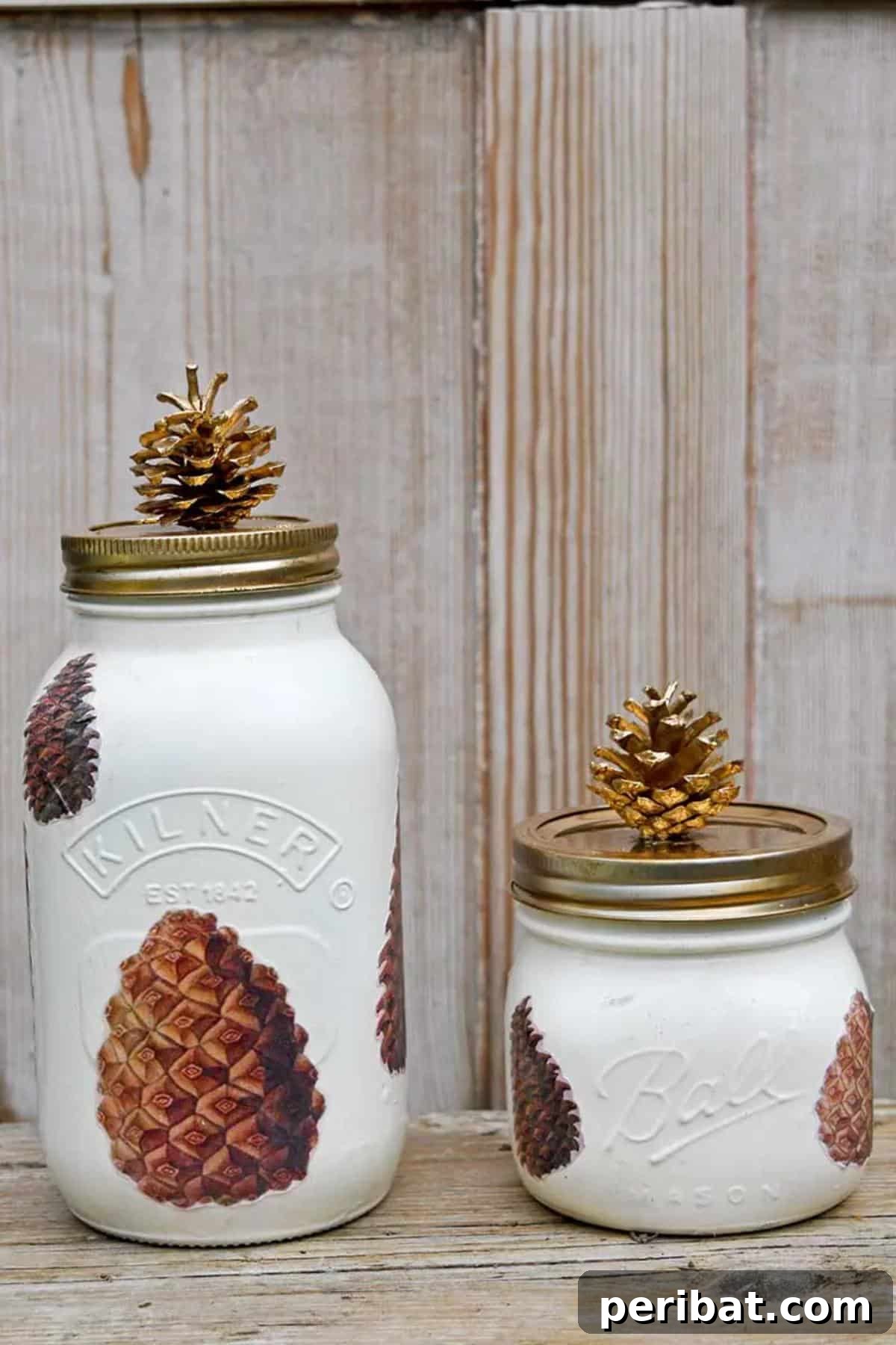 Rustic fall mason jar decorated with natural pine cones, creating a unique display.
