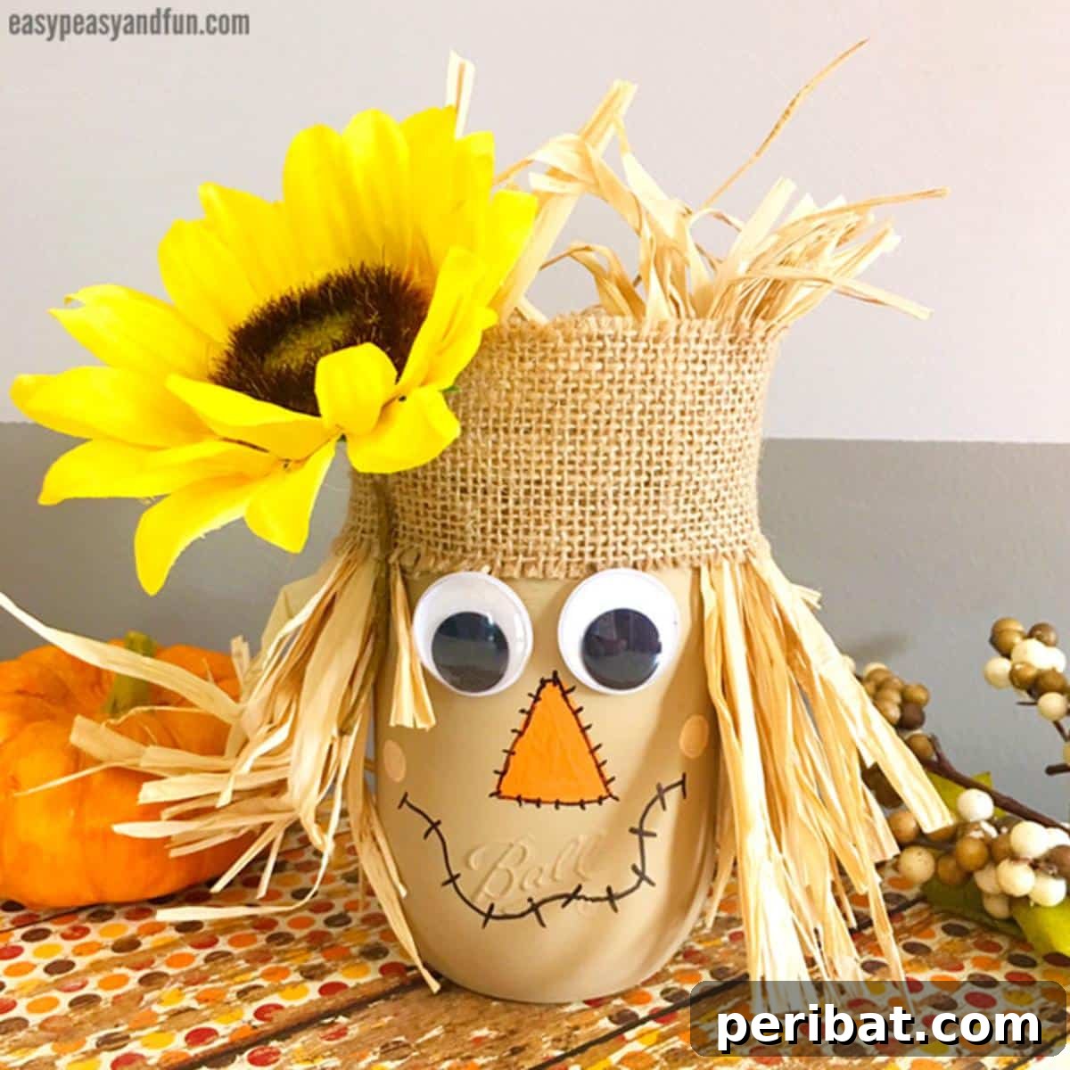 Whimsical DIY scarecrow mason jar, a cute addition to fall decorations.