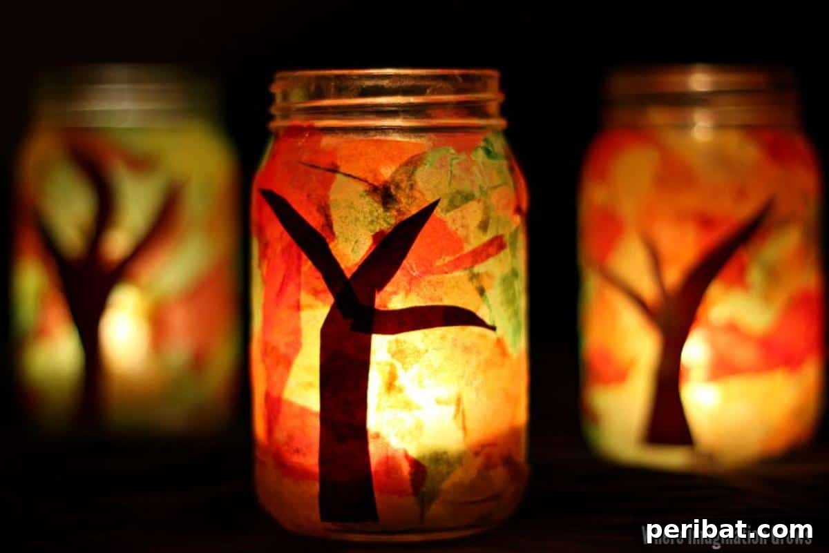 Inviting mason jar fall luminaries, adorned with autumn leaves for a warm glow.