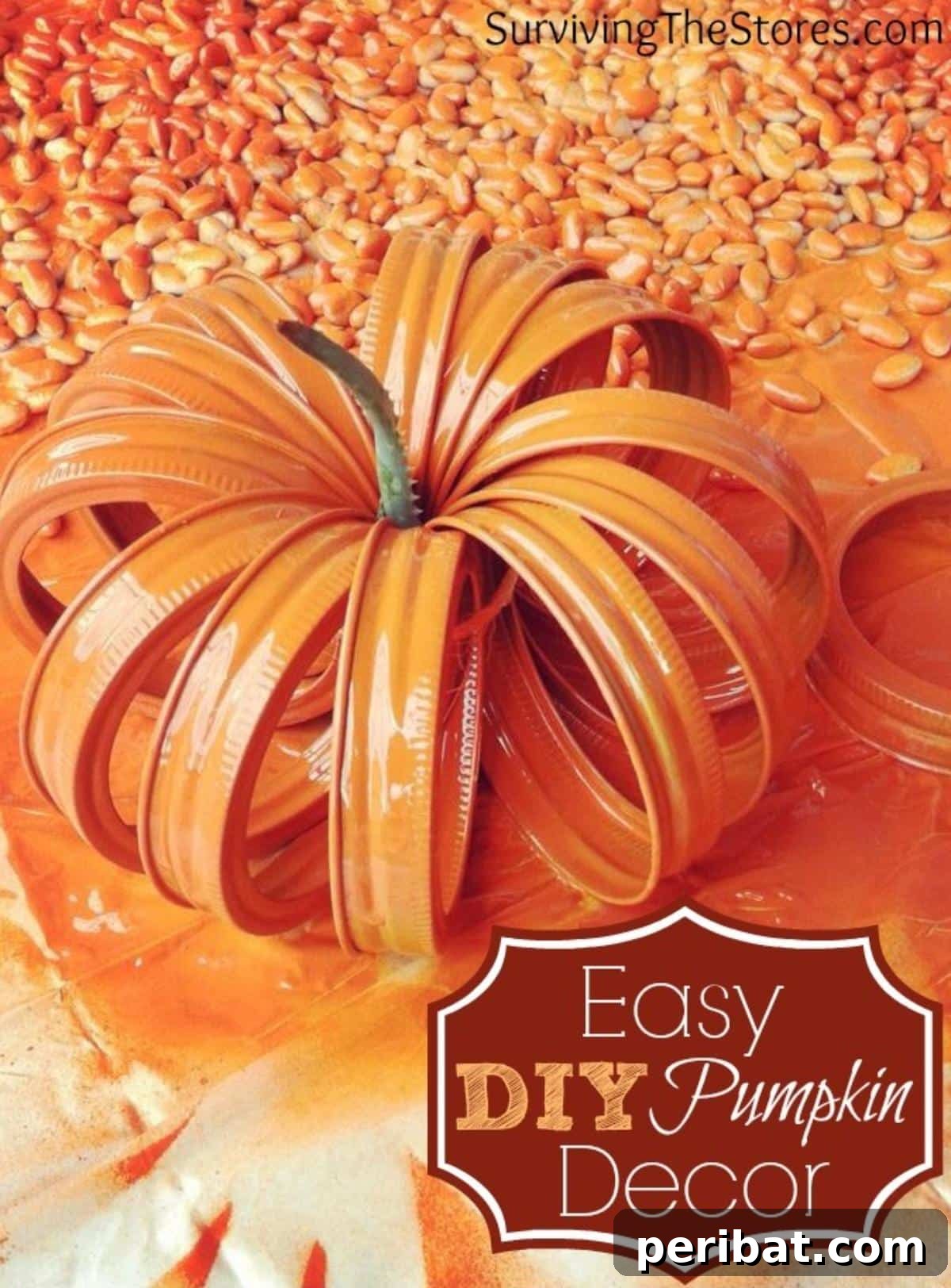 Inventive DIY pumpkin craft made from mason jar lids, featuring a twig stem.