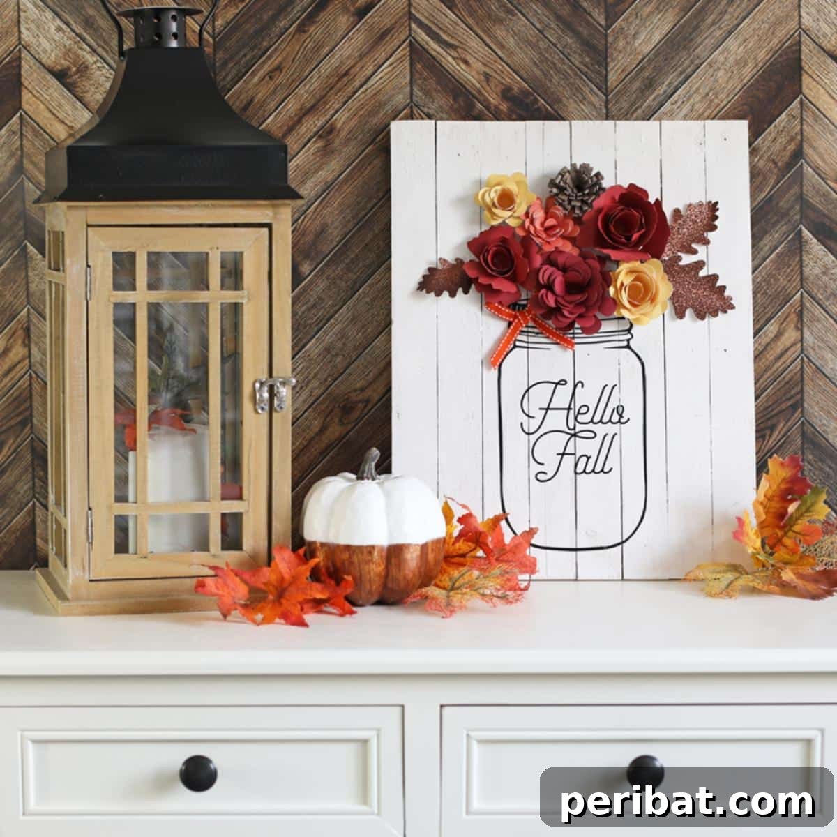 Charming DIY fall decor mason jar sign, featuring autumnal motifs.