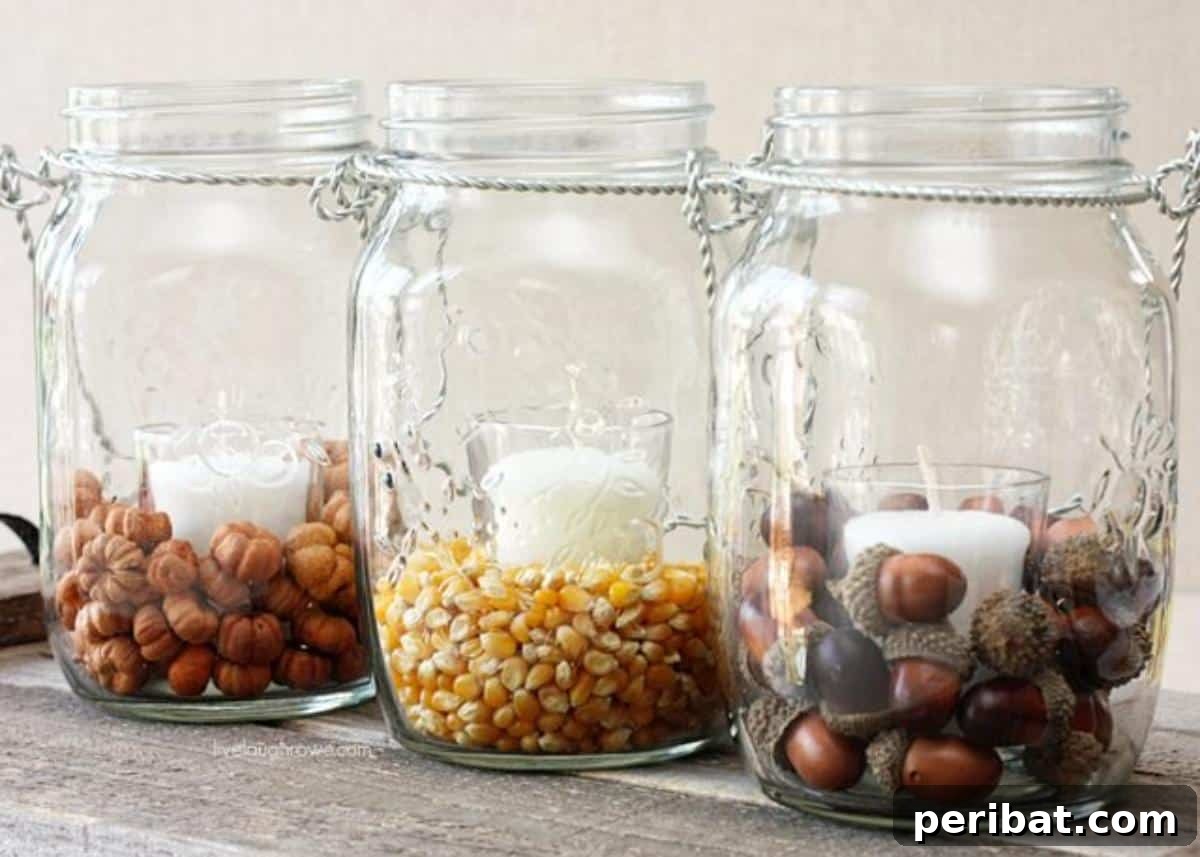 Whimsical DIY fall decor with hanging mason jars, perfect for outdoor spaces.