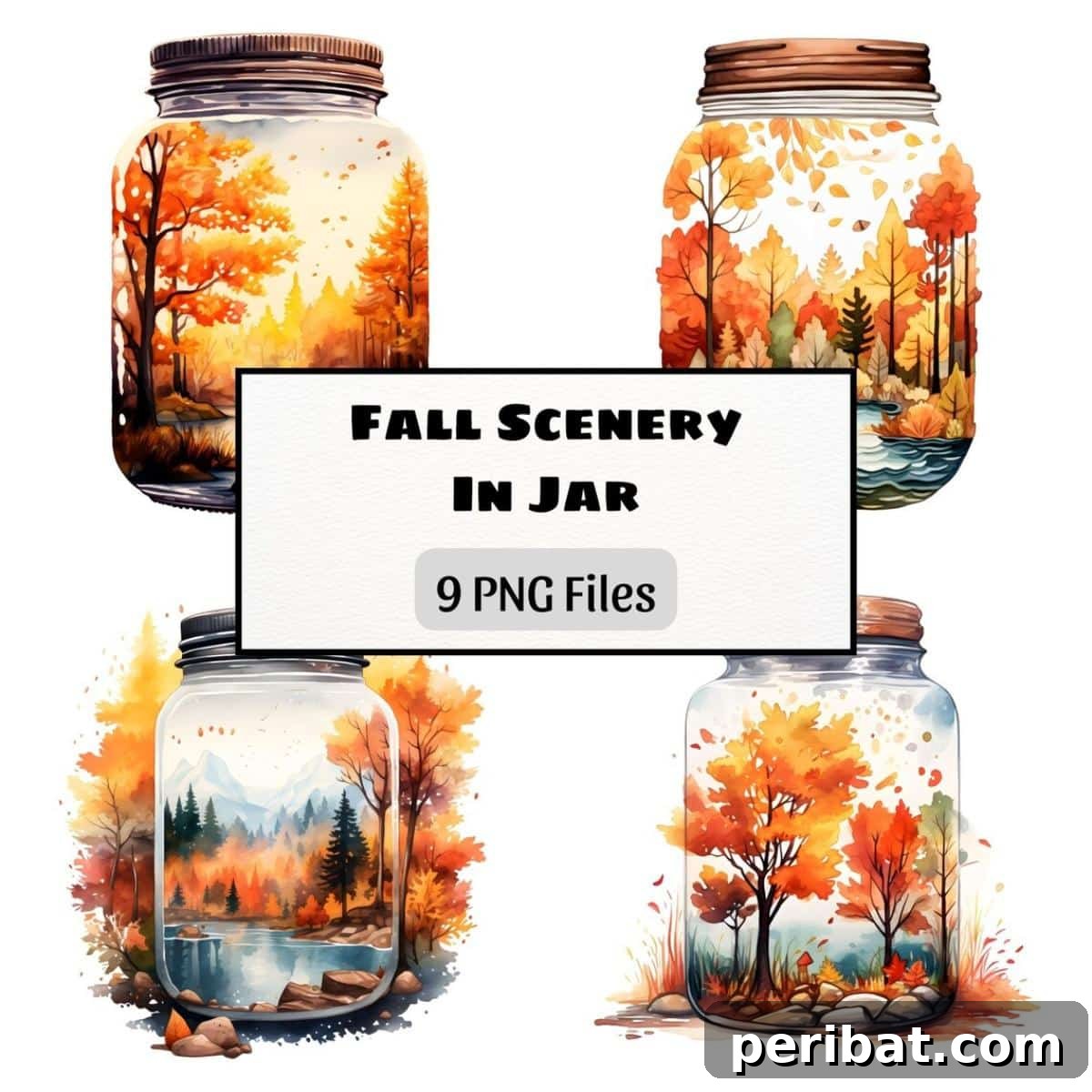 Artistic watercolor autumn jar clipart bundle, featuring various fall-themed designs.