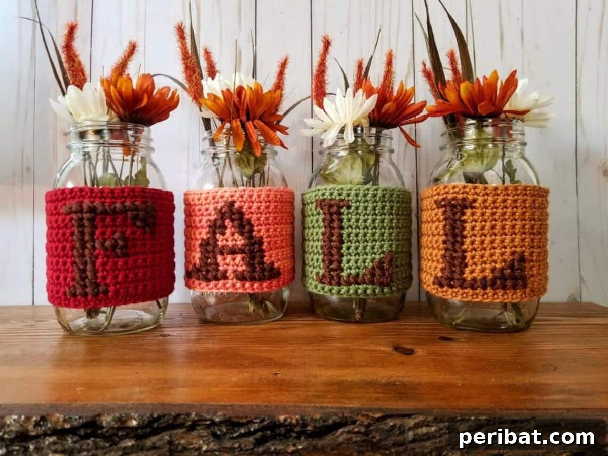 Cozy crochet fall jars pattern, perfect for adding a handmade touch to autumn decor.