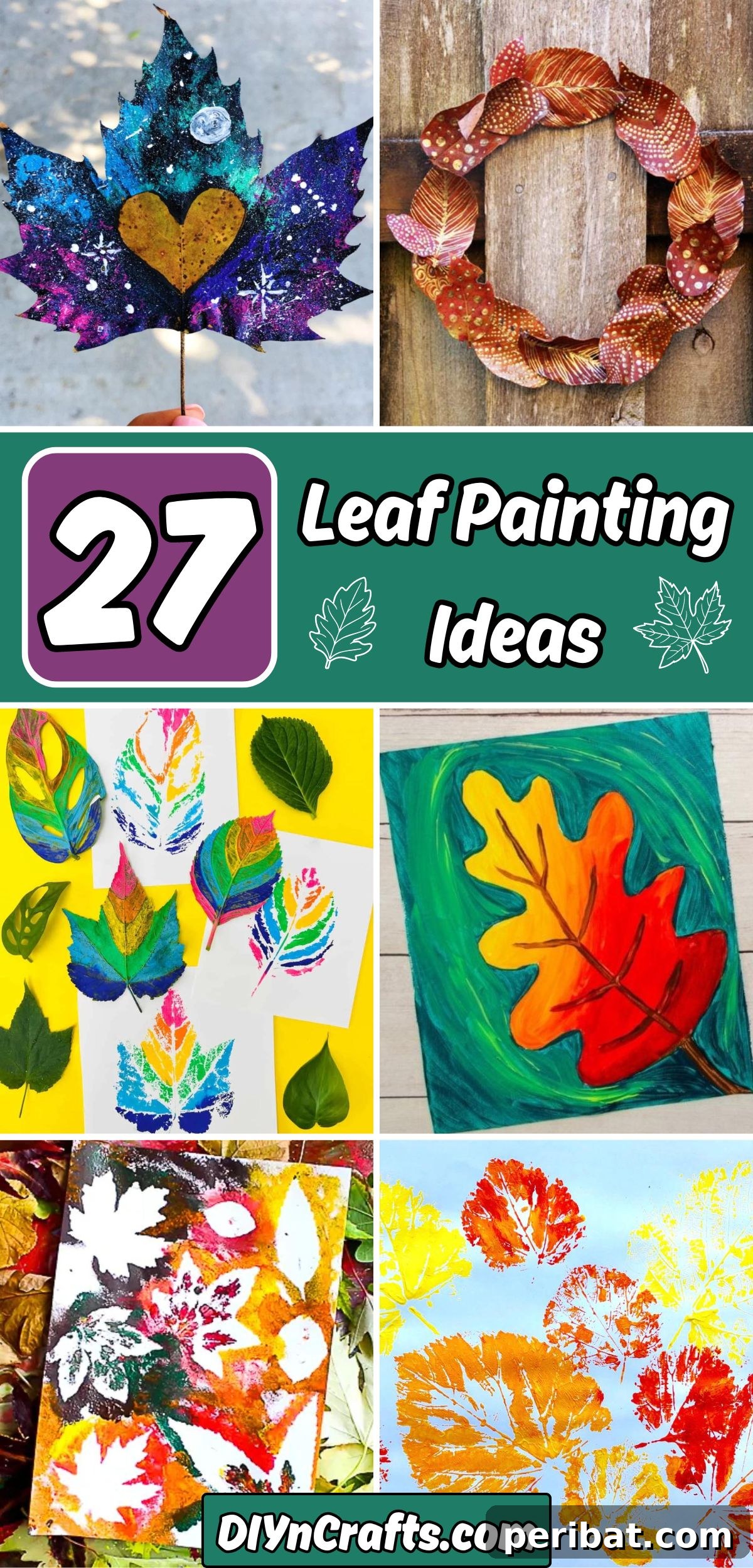 A collage showcasing 27 diverse and creative leaf painting ideas for all skill levels.