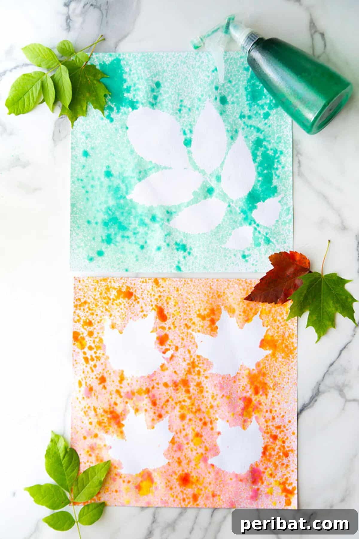 Creative leaf spray painting artwork, using leaves as stencils to create abstract patterns.