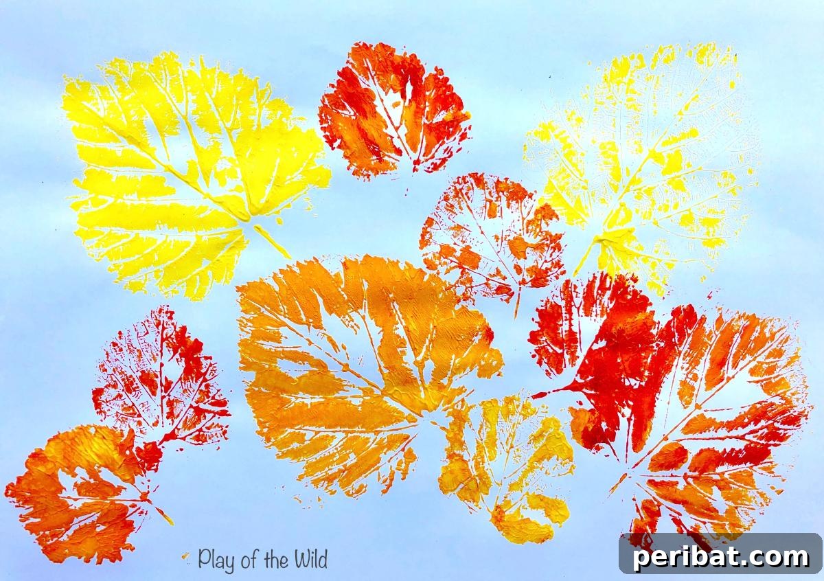 Vibrant leaf printing art, specifically designed as an autumn craft for children.