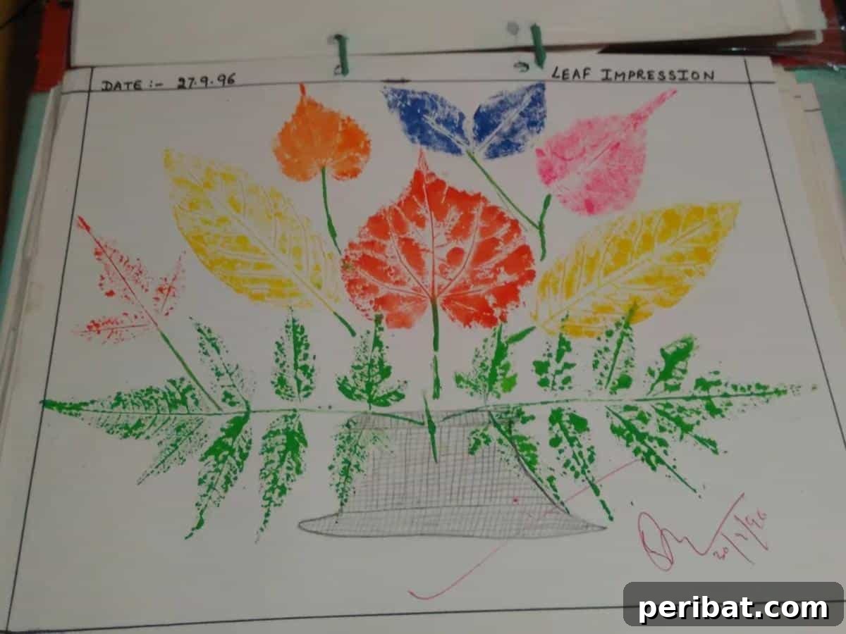 Detailed leaf impression painting, highlighting the intricate vein patterns of various leaves.