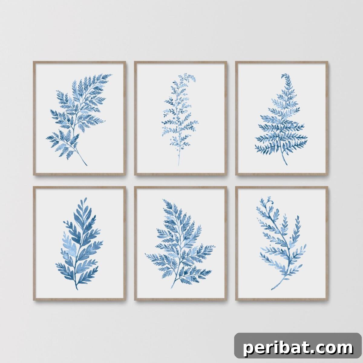 A collection of elegant blue fern prints, a modern botanical art set.