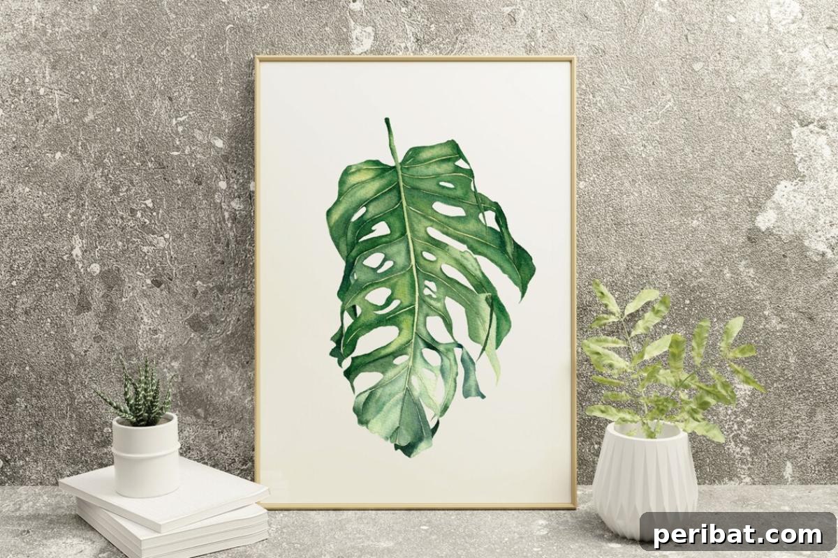 Vibrant Monstera leaf print, a beautiful example of botanical watercolor art.