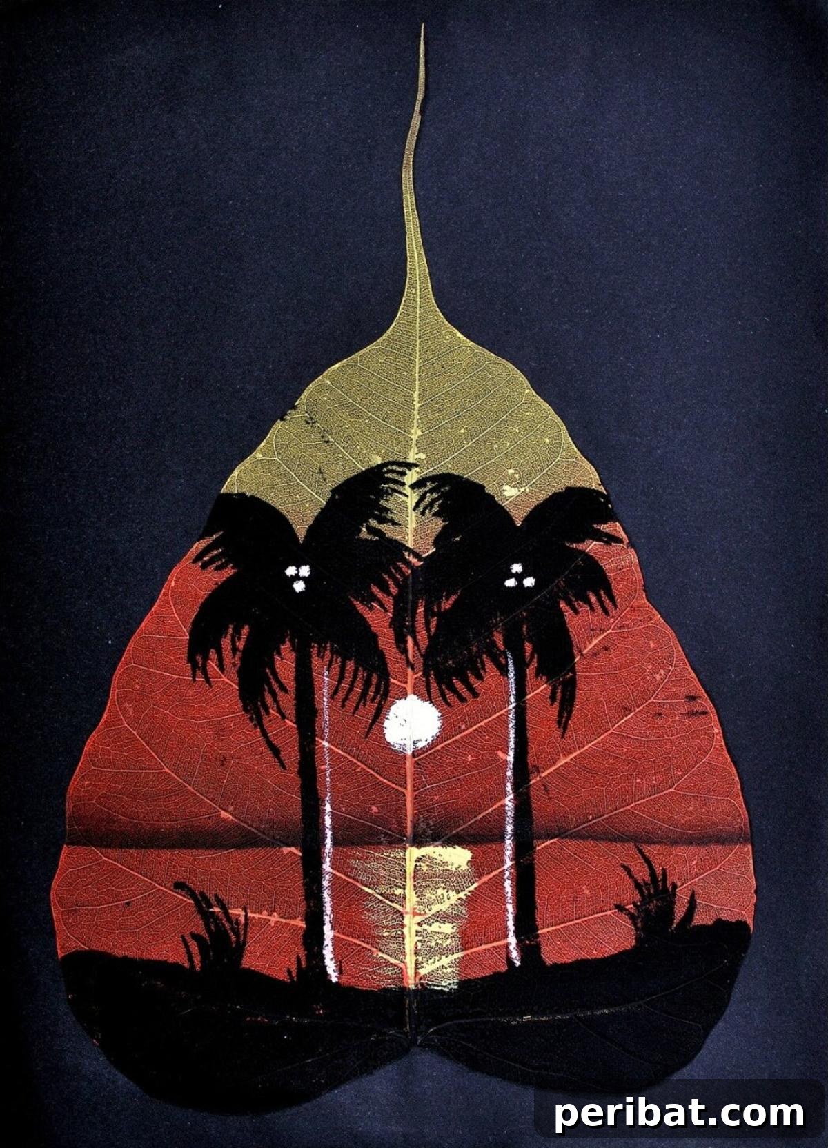 Exotic leaf painting depicting a serene coconut tree against a colorful sunset.