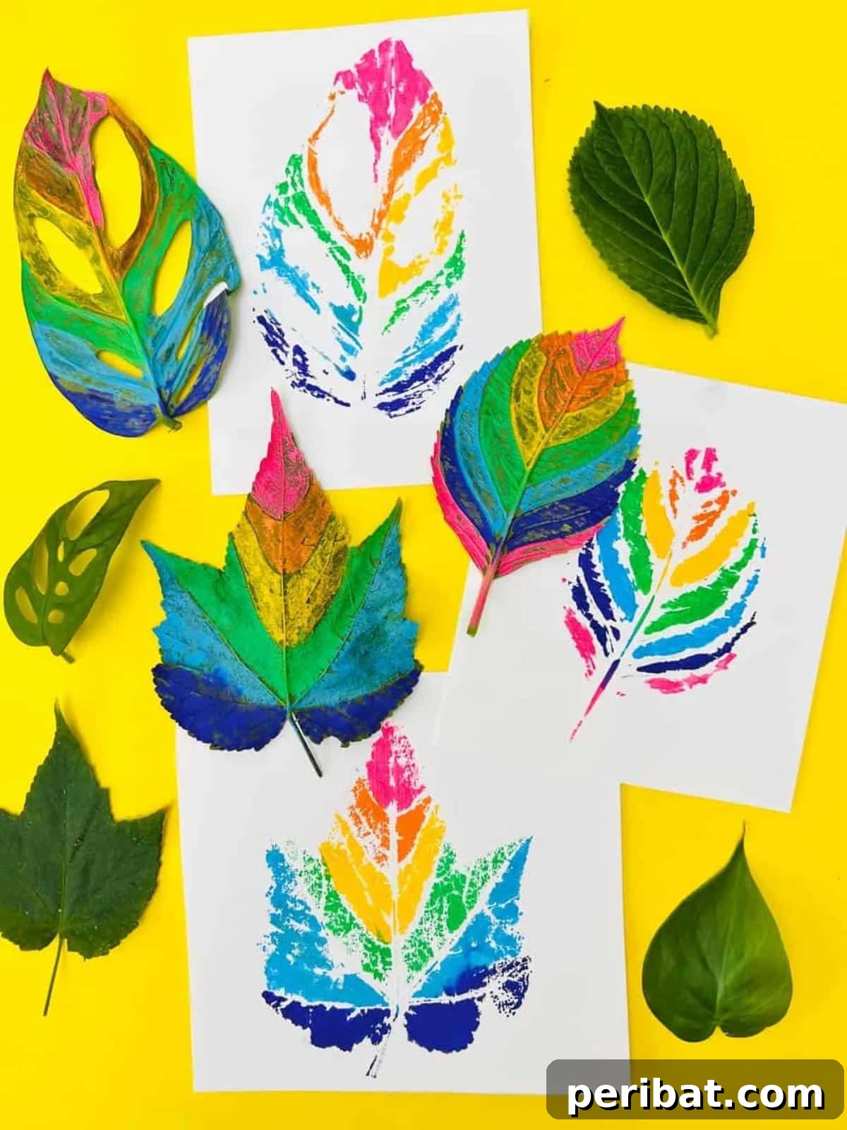 Detailed painted leaf art, demonstrating various techniques on how to paint leaves.