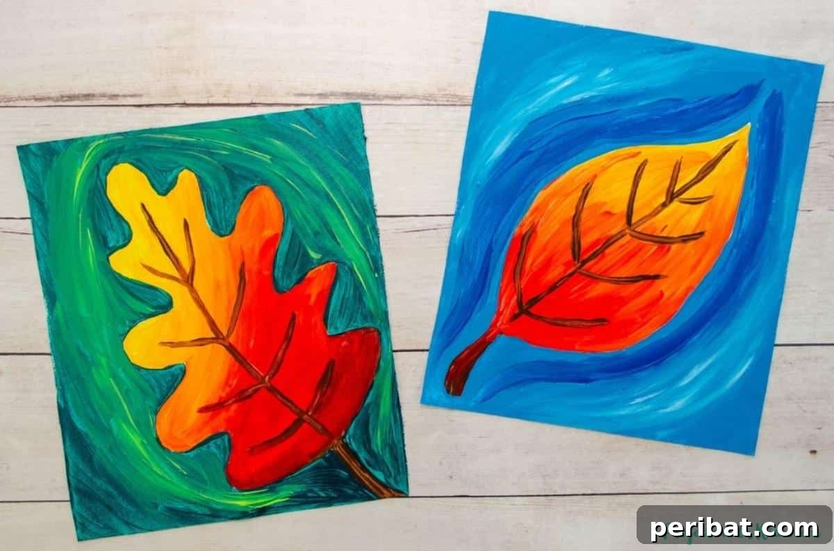 A vibrant and beautiful autumn leaf painting idea designed specifically for kids.
