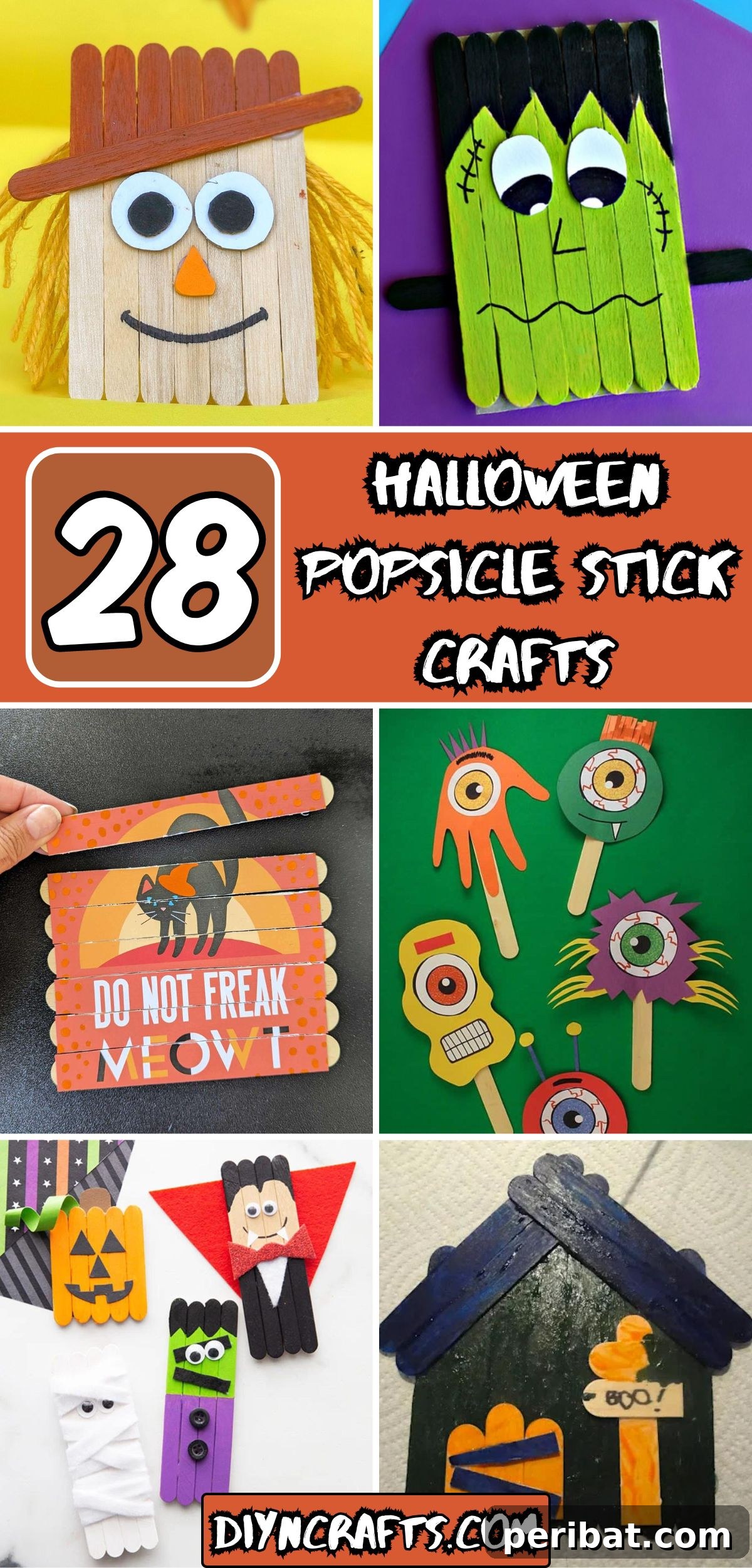 Spooktacular Popsicle Stick Halloween Projects 2 A vibrant collage showcasing 28 different Halloween Popsicle Stick Crafts, including spiders, pumpkins, witches, and ghosts, all made from craft sticks.