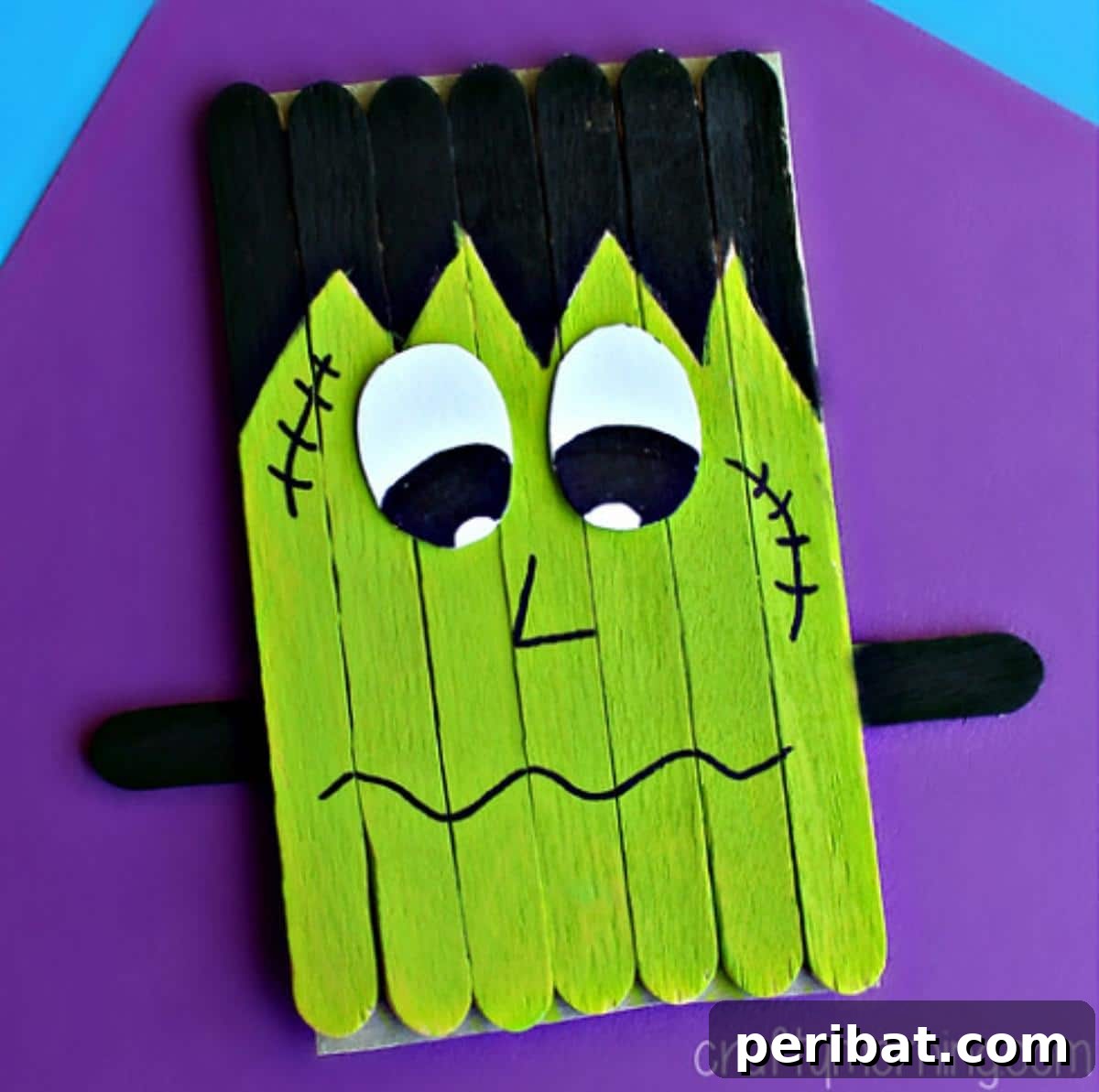 Spooktacular Popsicle Stick Halloween Projects 13 A friendly Frankenstein monster craft made from green-painted popsicle sticks with black hair and bolt details.