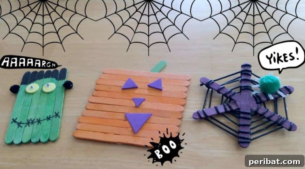 Spooktacular Popsicle Stick Halloween Projects 20 A set of Halloween icons crafted from popsicle sticks, including a ghost, Frankenstein, pumpkin, and a witch's hat.