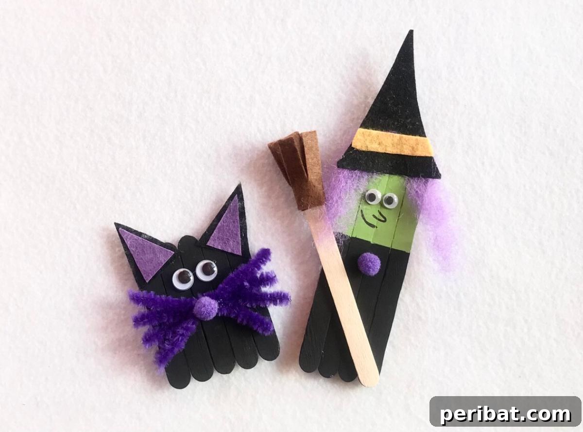 Spooktacular Popsicle Stick Halloween Projects 26 A Halloween craft kit featuring components to create a witch and her black cat from popsicle sticks, with colorful accessories.