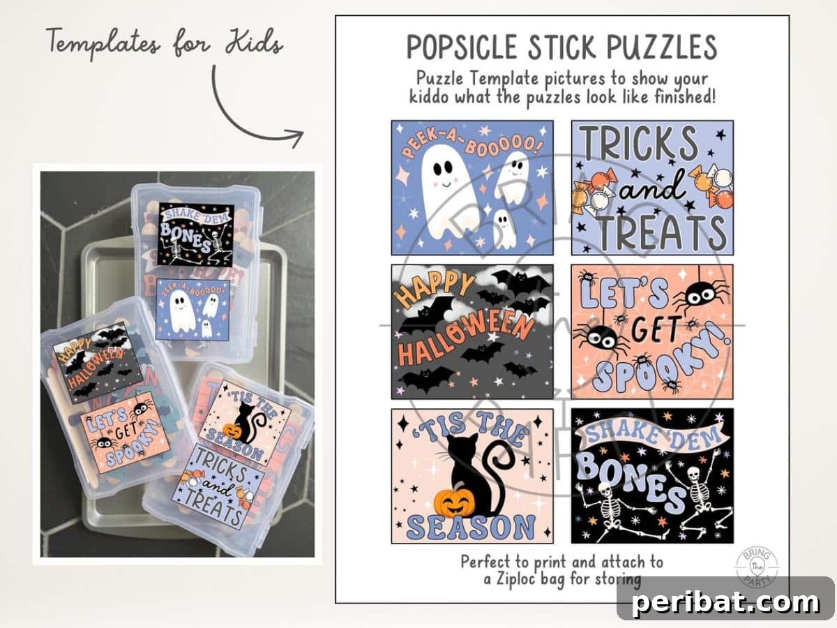 Spooktacular Popsicle Stick Halloween Projects 27 A Halloween-themed popsicle stick puzzle featuring a monster design, displayed as a completed image and individual sticks.