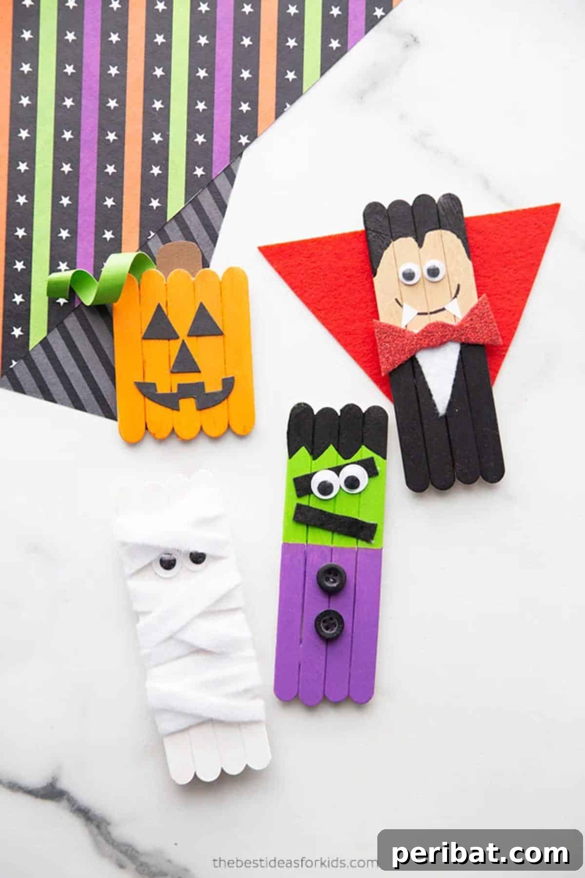 Spooktacular Popsicle Stick Halloween Projects 6 A collection of diverse Halloween-themed crafts made from popsicle sticks, including a Frankenstein, ghost, and pumpkin.