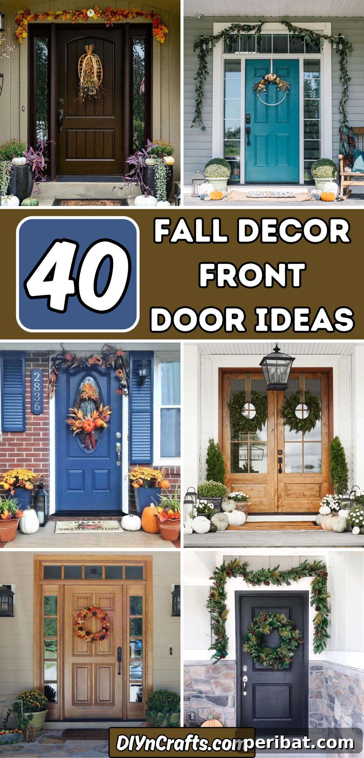 40 Dazzling Fall Front Door Designs 2 40 Fall Decor Front Door Ideas collage. A collection of diverse and inspiring fall front door decorations, including wreaths, garlands, pumpkins, and various seasonal accents, designed to spark creative autumn entryway makeovers.