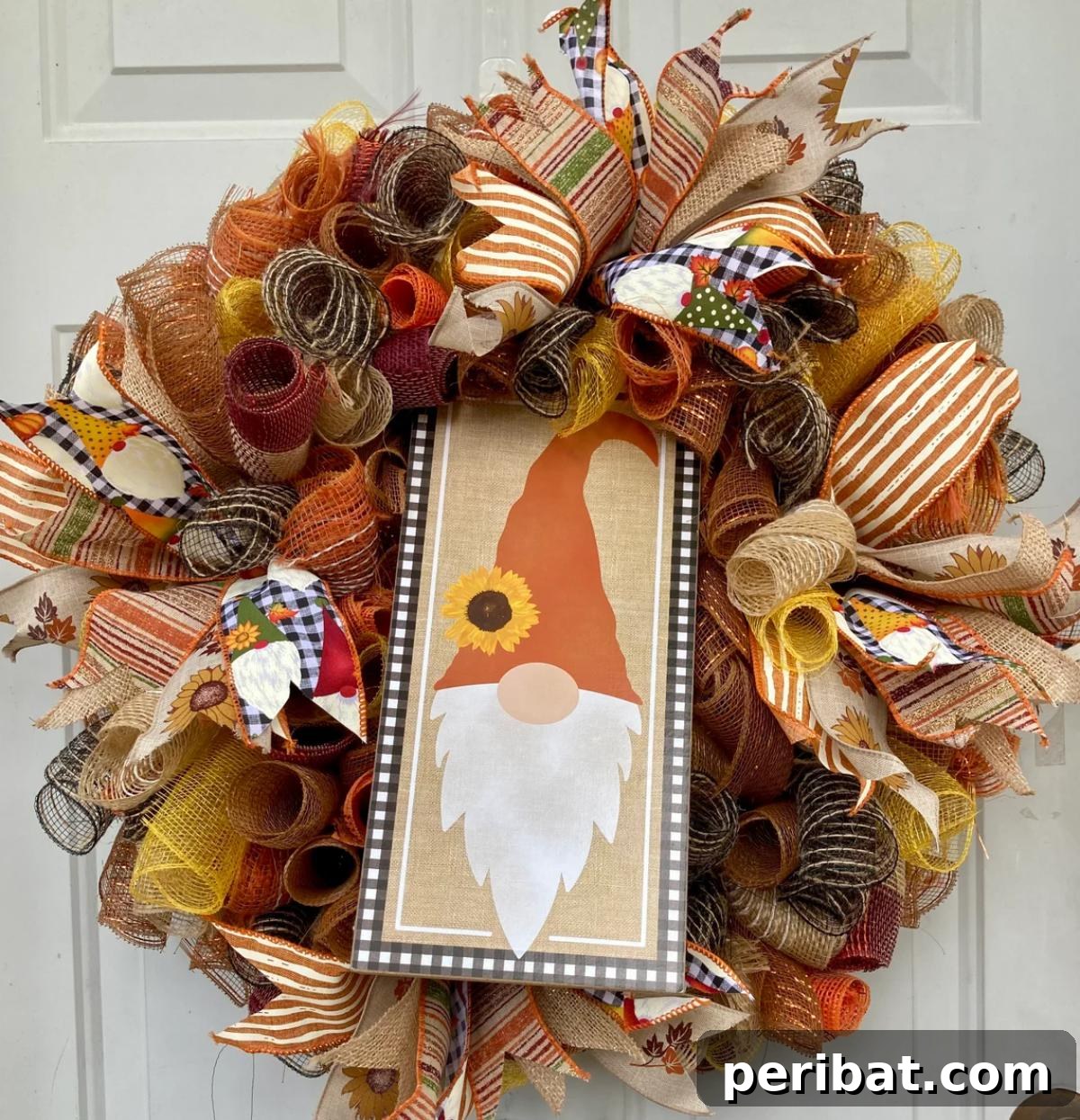 Whimsical Fall Gnome Wreath Inspirations 25 Fall Gnome Deco Mesh Wreath, showcasing vibrant colors and textured mesh.