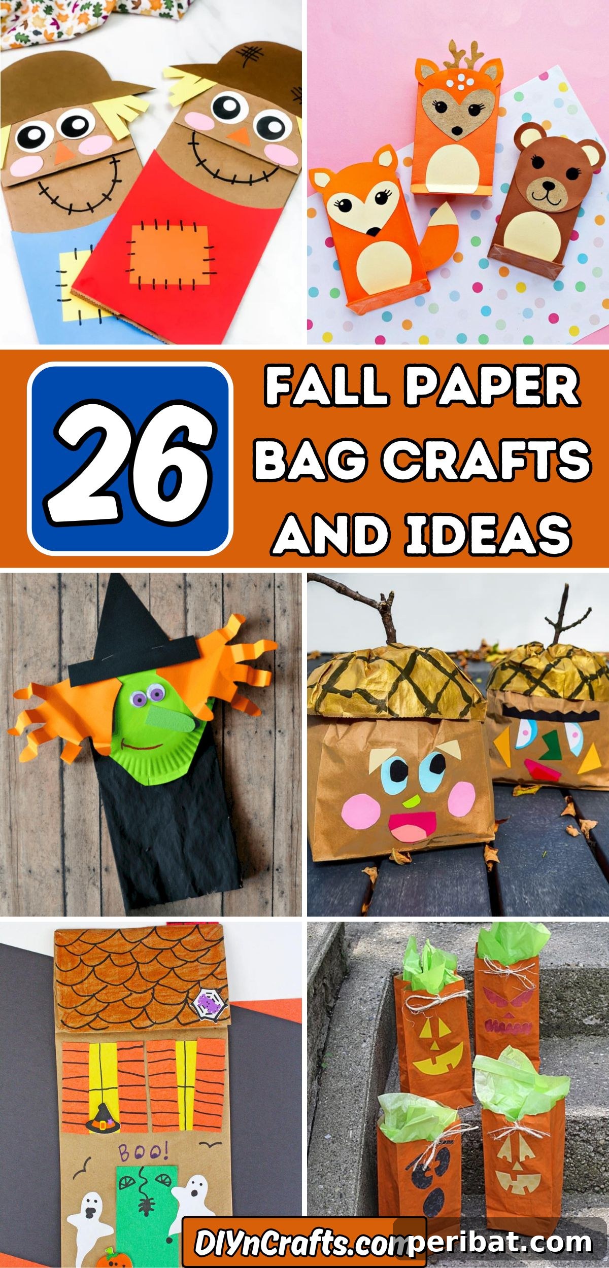 26 Autumnal Paper Bag Crafting Gems 2 A vibrant collage showcasing 26 diverse fall paper bag crafts and ideas, perfect for autumn decorations and activities.