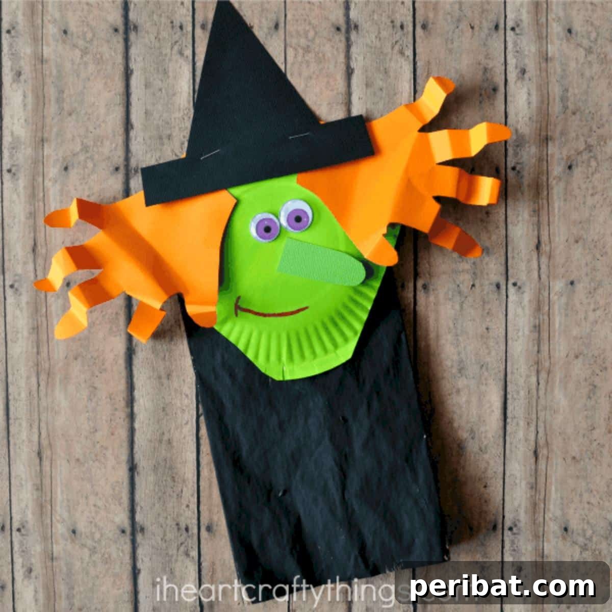 26 Autumnal Paper Bag Crafting Gems 12 A whimsical paper bag witch craft, adorned with colorful details, perfect for Halloween fun.