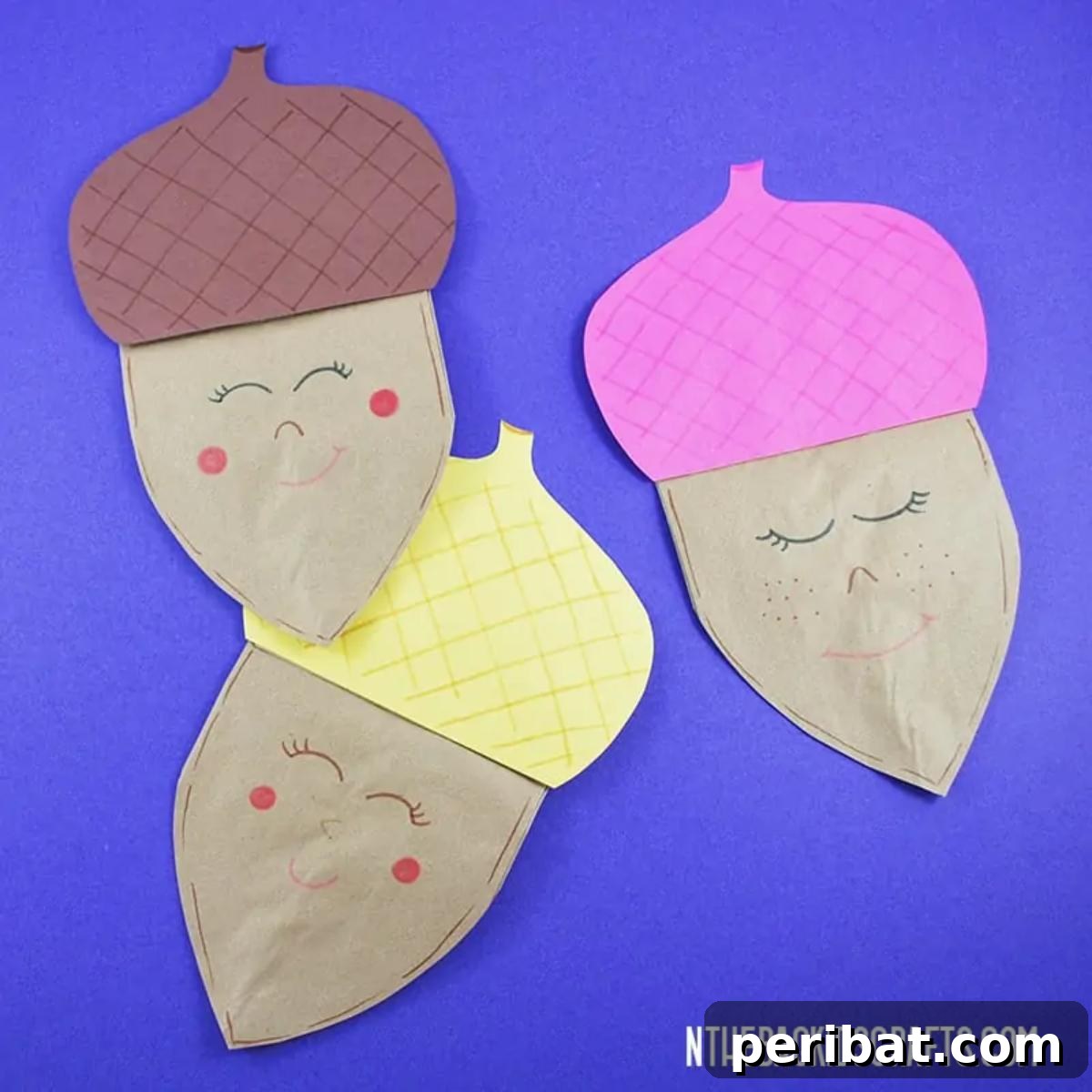 26 Autumnal Paper Bag Crafting Gems 15 Charming paper bag acorn crafts, each with unique facial features, suitable for fall decor or play.