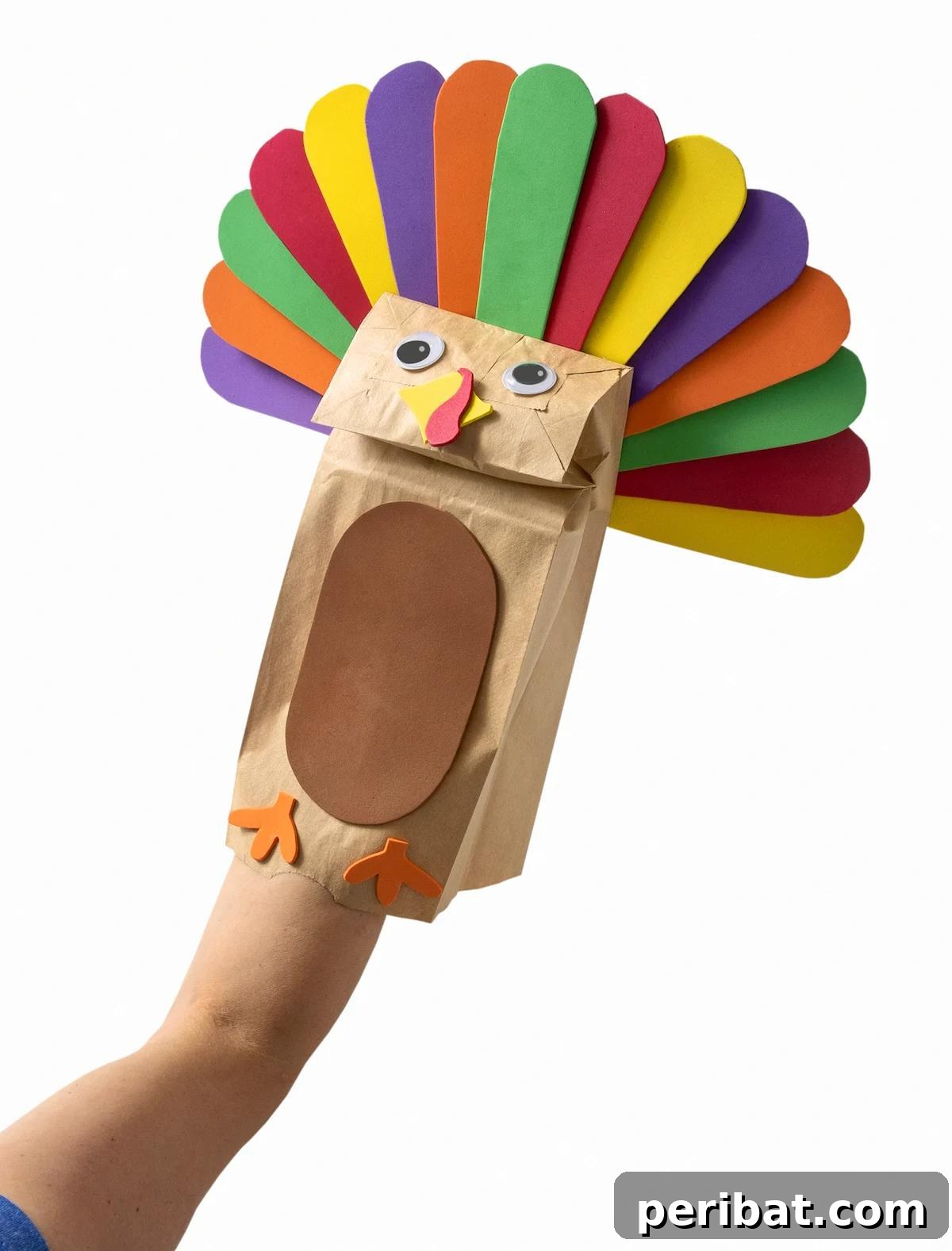 26 Autumnal Paper Bag Crafting Gems 16 A vibrant, kid-friendly paper bag turkey, perfect for Thanksgiving decorations or play.