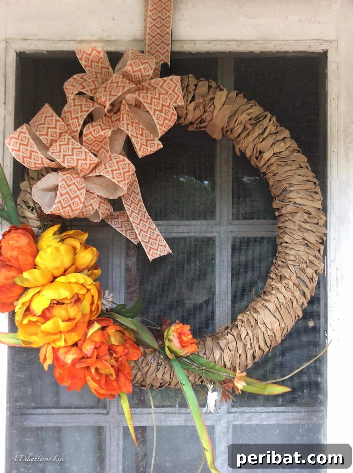 26 Autumnal Paper Bag Crafting Gems 23 A lovely and rustic paper bag wreath, offering a warm autumn touch to home decor.