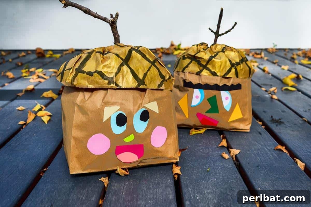 26 Autumnal Paper Bag Crafting Gems 4 Adorable stuffed paper bag acorn portraits with expressive faces, perfect for fall decor or storage.