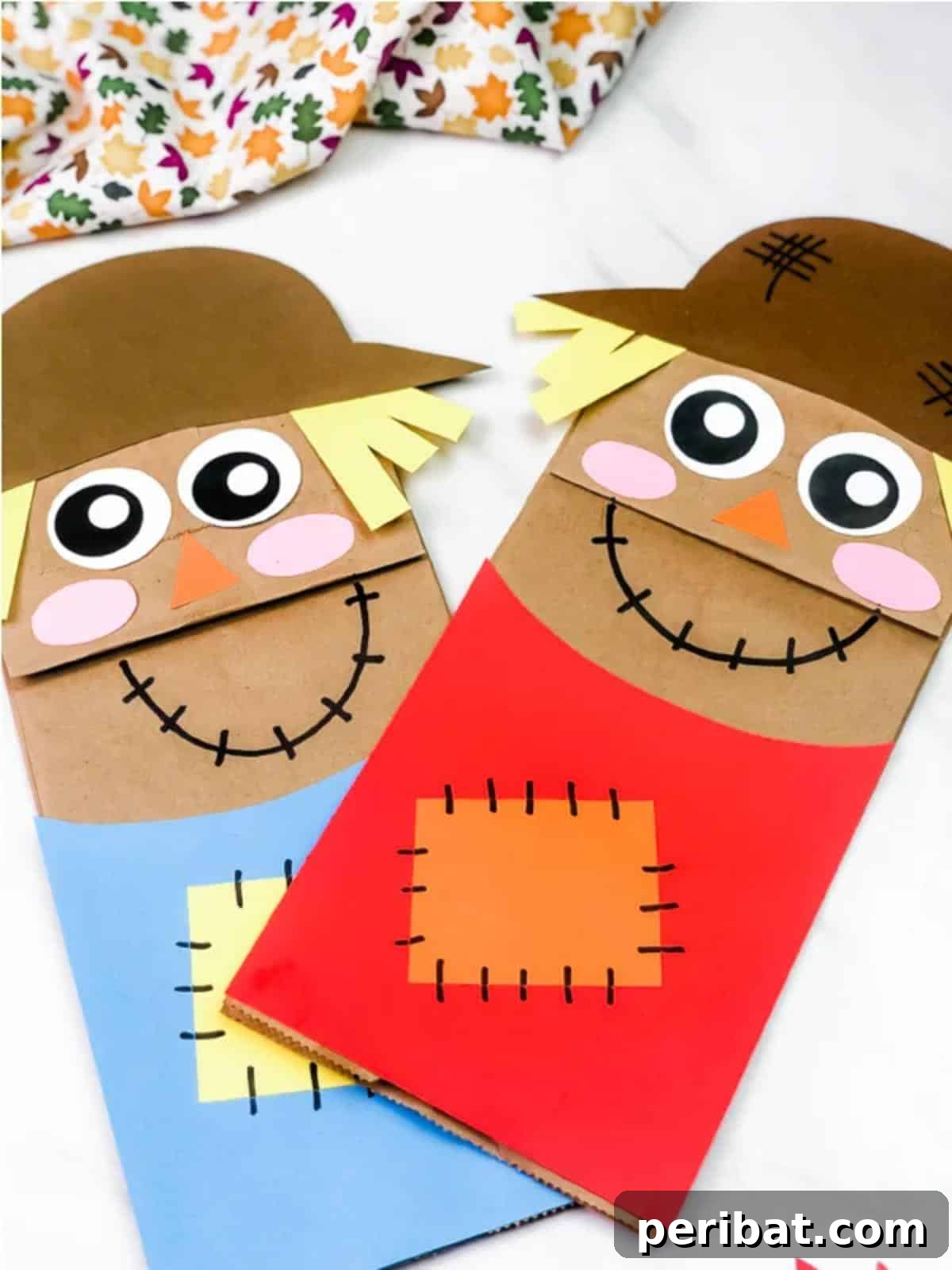 26 Autumnal Paper Bag Crafting Gems 5 A charming paper bag scarecrow puppet, ideal for kids' fall craft activities.