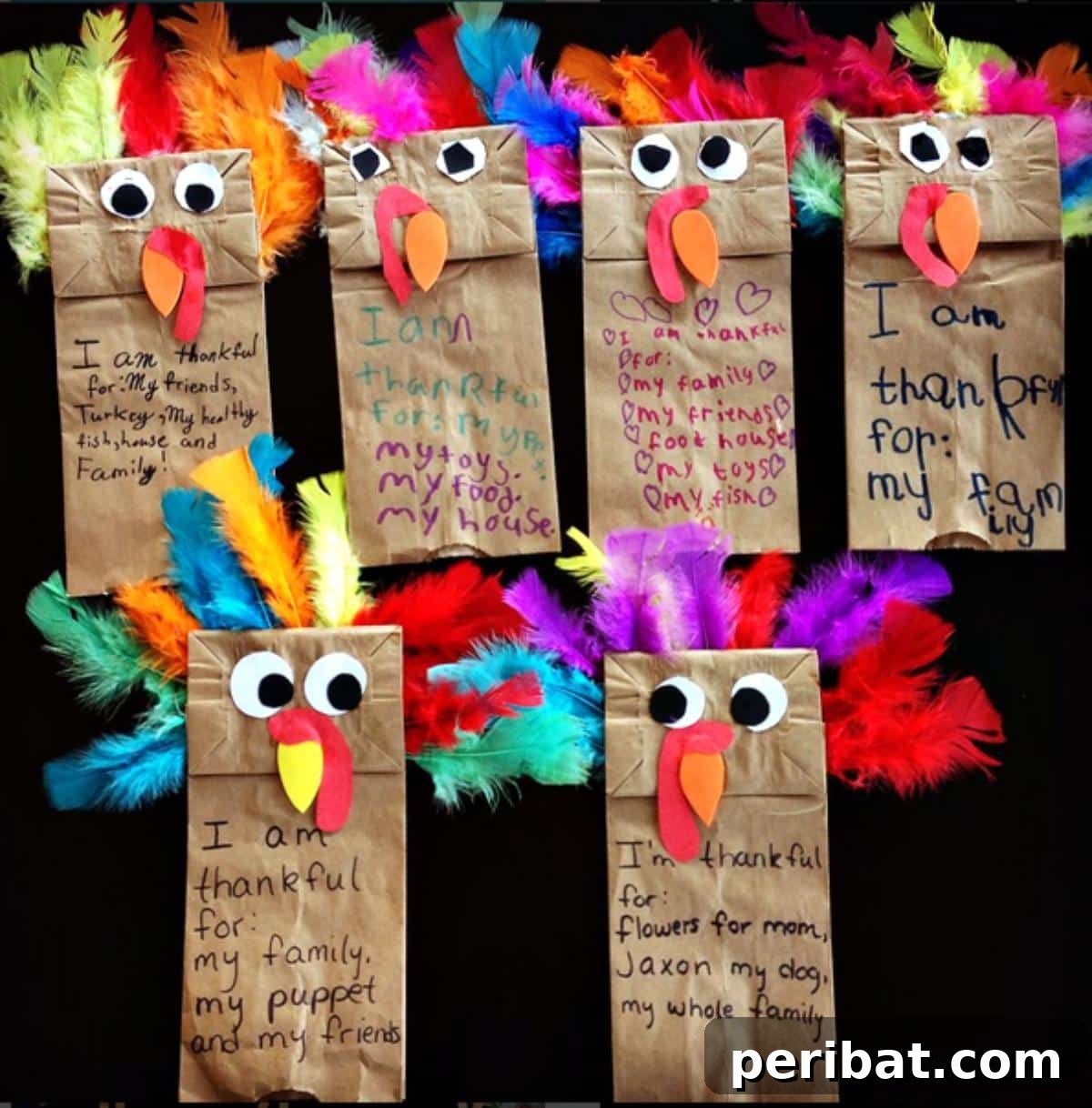 26 Autumnal Paper Bag Crafting Gems 9 Colorful paper bag turkey puppets with vibrant feather details, ideal for Thanksgiving activities.