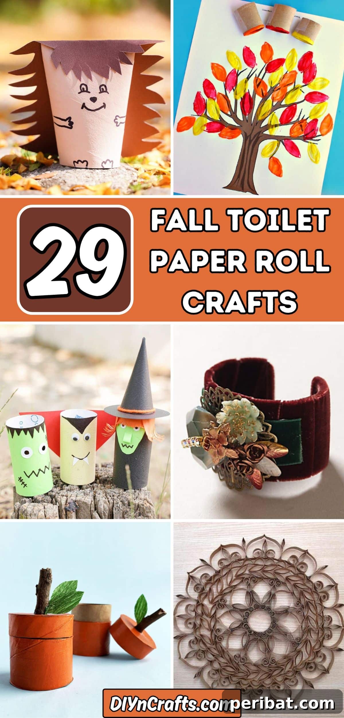 A collage featuring 29 different fall-themed crafts made from toilet paper rolls, including hedgehogs, pumpkins, owls, and Halloween characters.