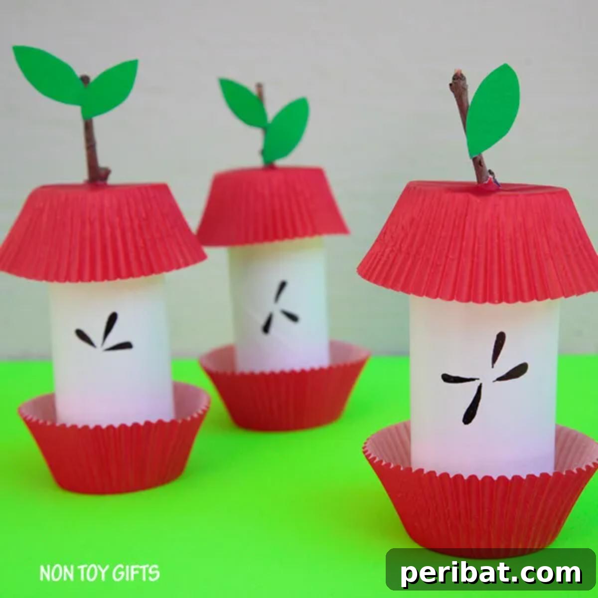 Paper Roll Apple Core Craft, showing the seeds inside.