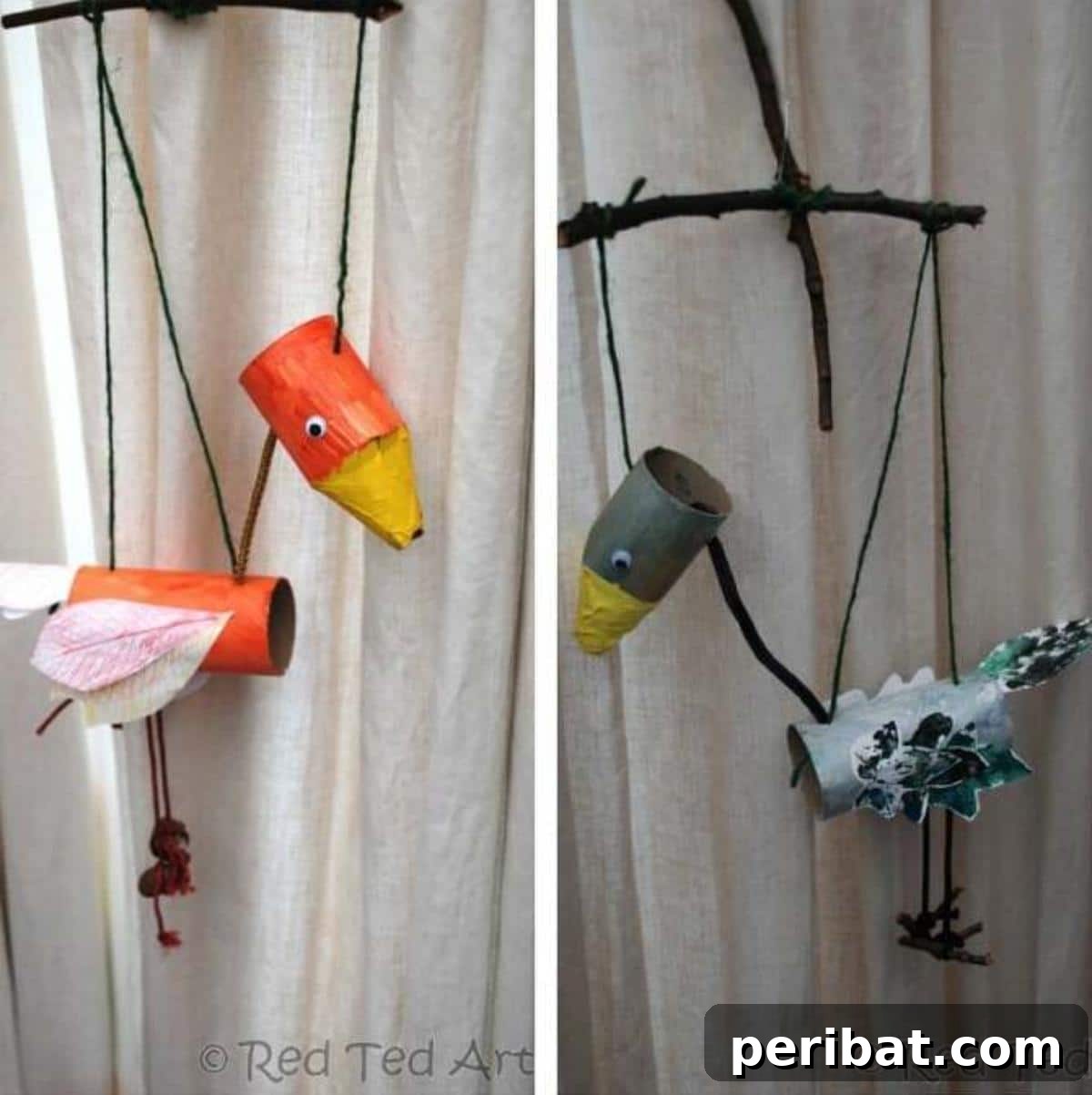 Autumn Leaf Marionette Birds craft, made with real leaves and paper rolls.