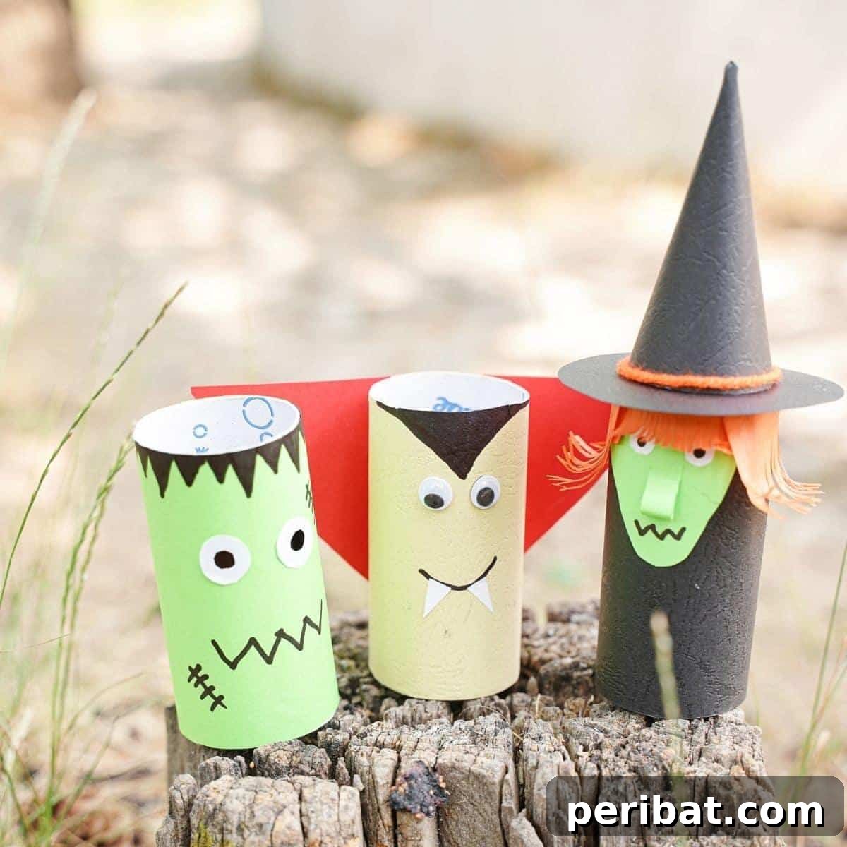 Spooky Halloween Characters made from Toilet Paper Rolls, including a vampire and a witch.