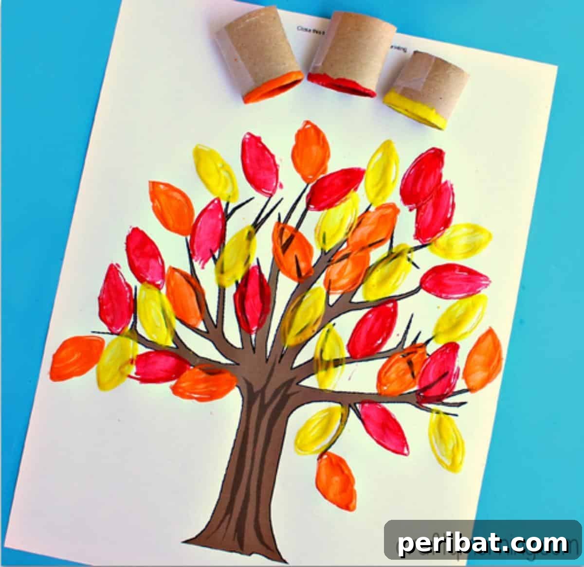 Toilet Paper Roll Leaf Stamping Fall Tree Craft with colorful leaf prints.